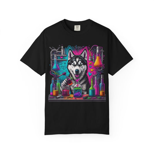 Husky Lab Graphic T-Shirt — Neon Science Dog Tee
