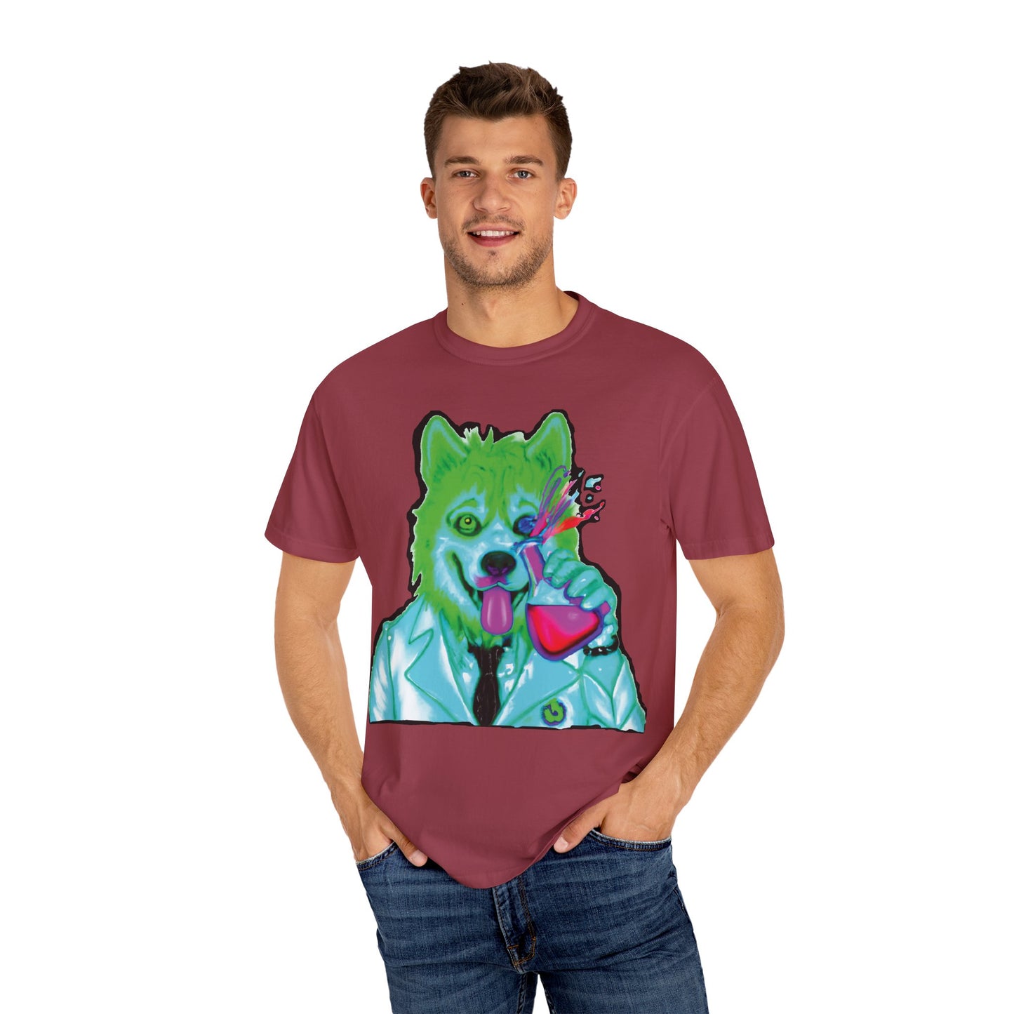 Chemist Wolf Graphic T-Shirt — Green Cartoon Animal Lab Art