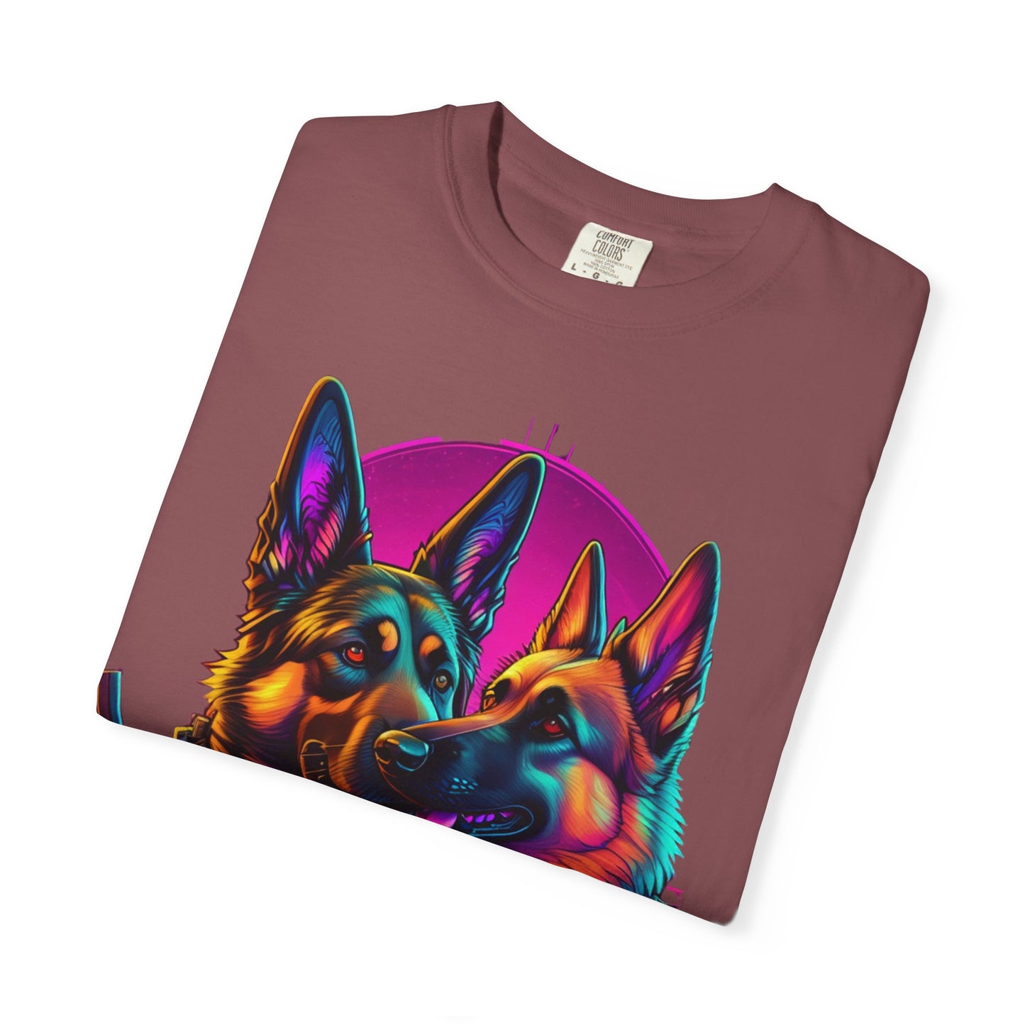 German Shepherd Duo T‑Shirt — Neon Retro K9 Art