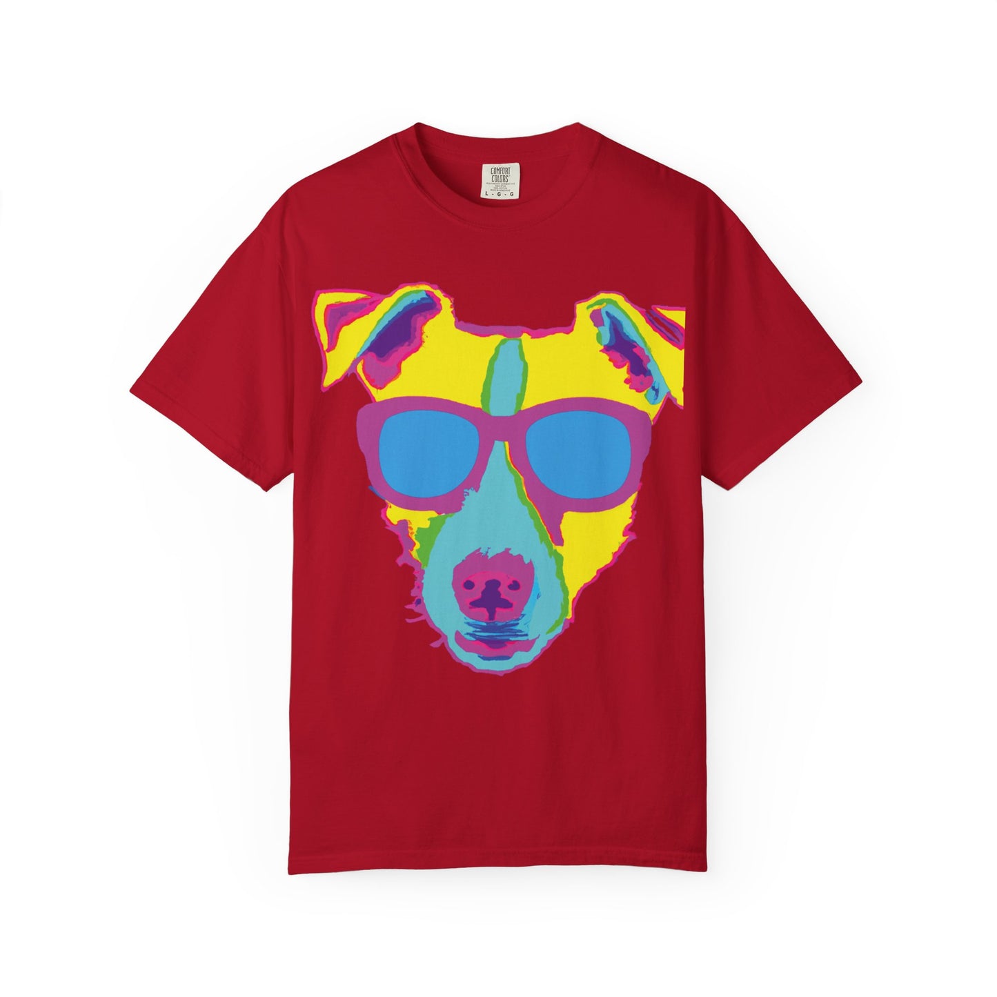 Dog Sunglasses Tee — Colorful Pop Art Dog T-Shirt (PLURout.com Back)