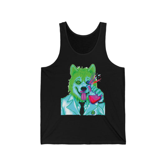 Neon Canine Scientist Tank Top — Vibrant Dog in Lab Coat Graphic Tank