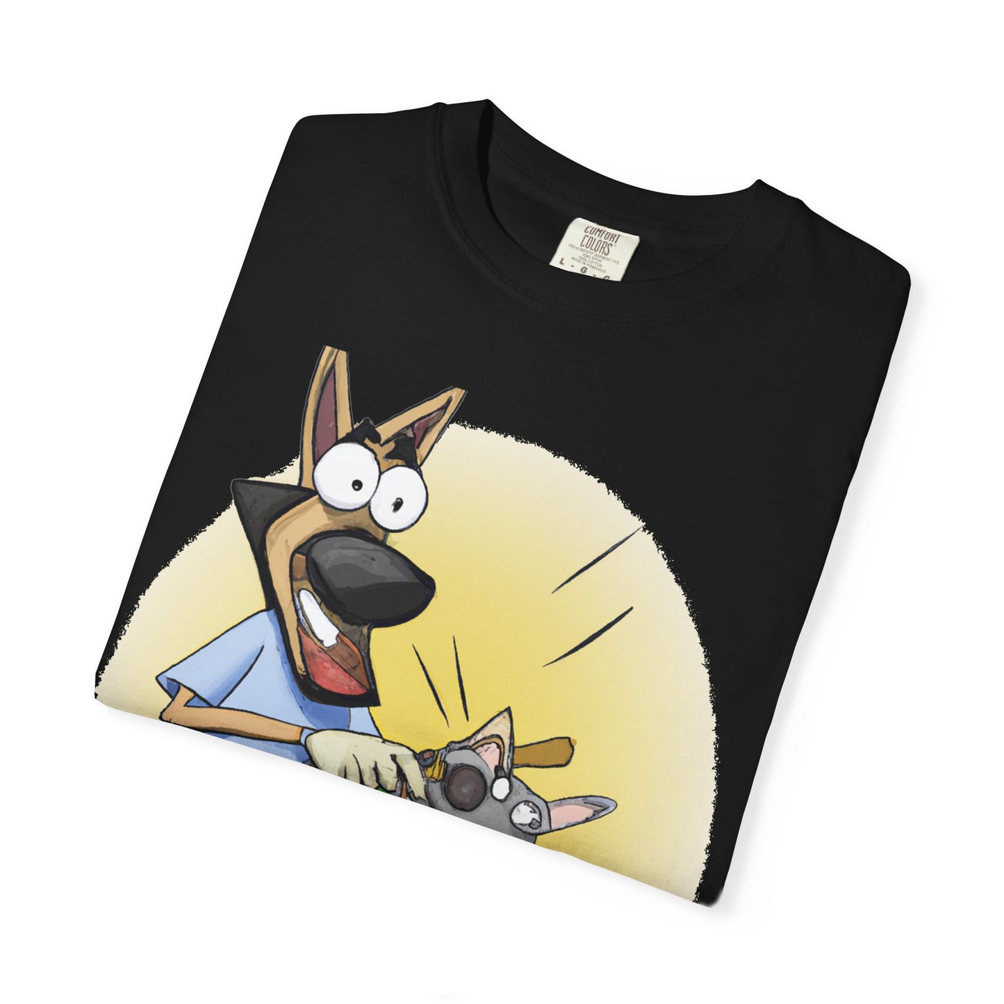 Funny Vet Dog T-Shirt — Cartoon Dog Grooming with 'PLuROUT.com' Back Print