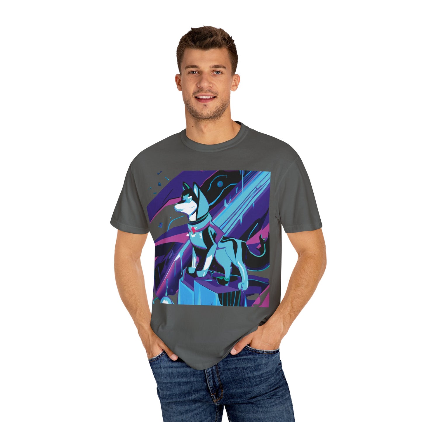 Arctic Husky Graphic T‑Shirt — Neon Cyber Wolf Design