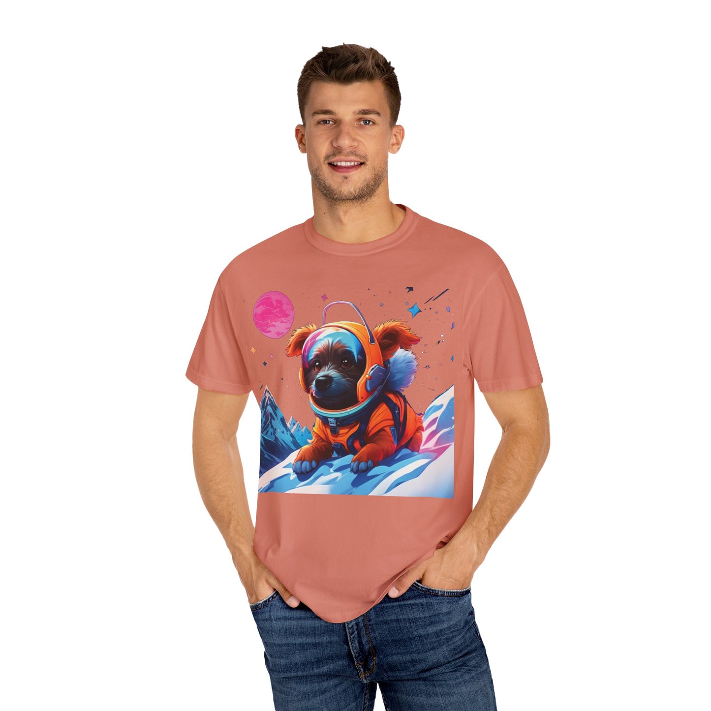 Astronaut Pug T-Shirt — Cute Space Dog Graphic Tee with PLUROUT.com Back Print