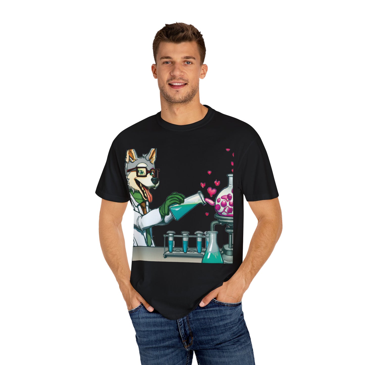 Chemist Dog T-Shirt — Cute Lab Scientist Pouring Love (Plurout.com Back Print)
