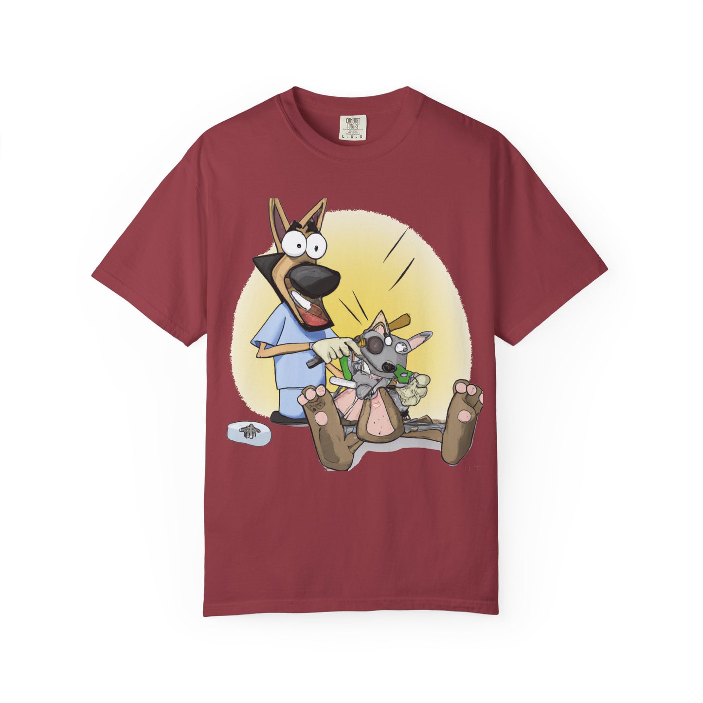 Funny Vet Dog T-Shirt — Cartoon Dog Grooming with 'PLuROUT.com' Back Print