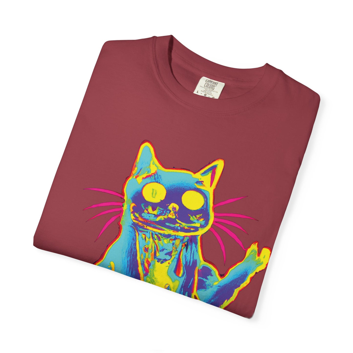 Psychedelic Cat Graphic T-Shirt — Retro Neon Cat Front + 'PLURR0UT.com' Back