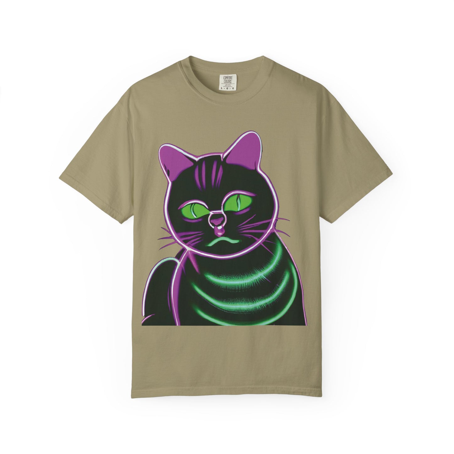 Neon Black Cat Graphic T-Shirt — Glow Green/Purple Cat Tee