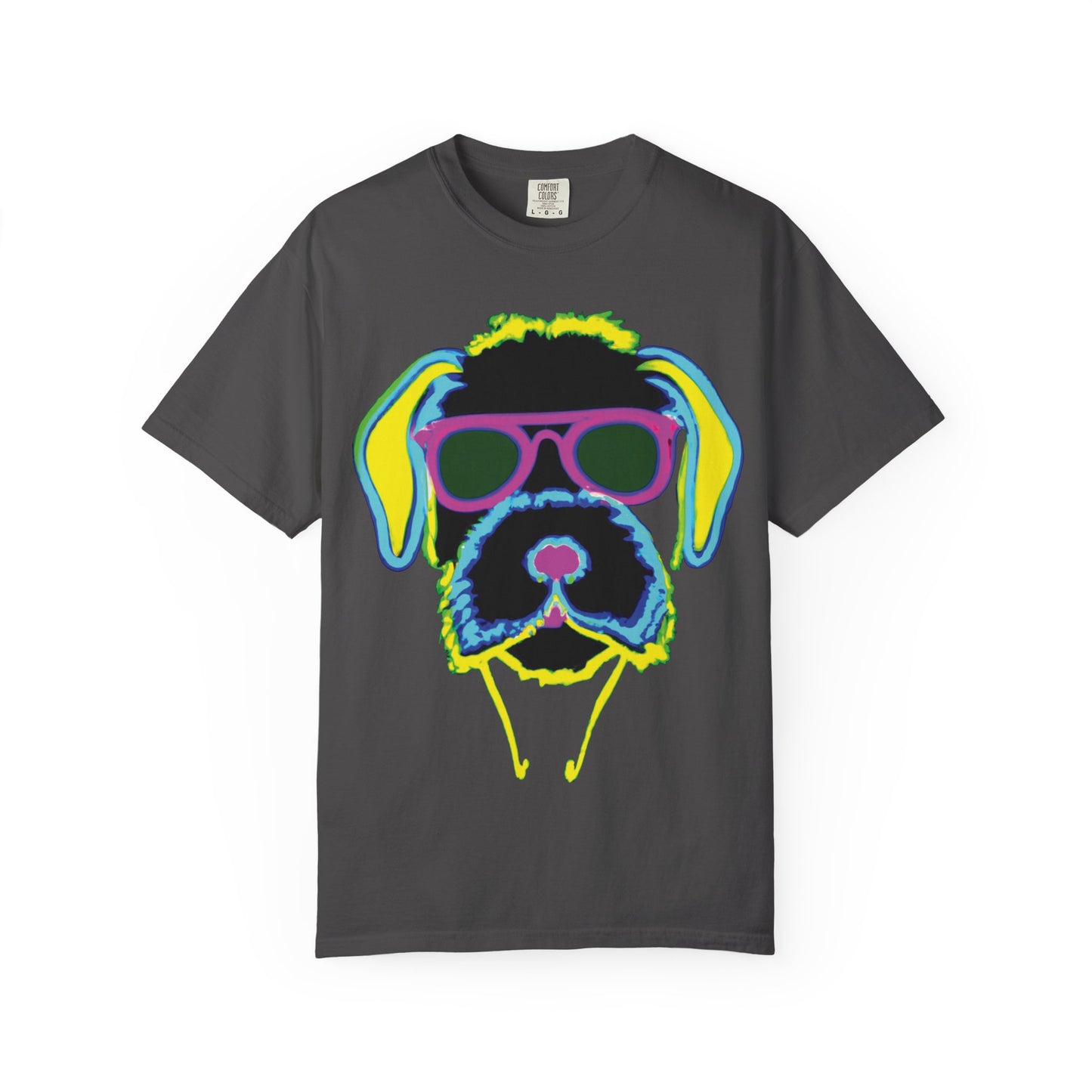 Neon Cool Dog Graphic T-Shirt — Sunglasses Pup Tee with PlurOut Backprint