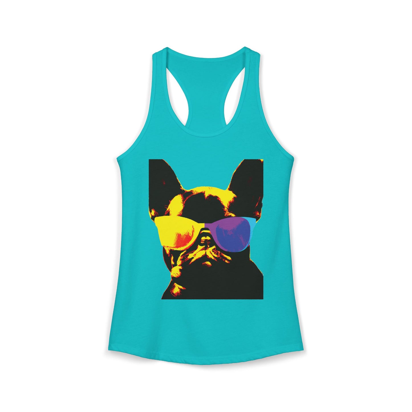 Gold Frenchie Graphic Racerback Tank — "Cool Glasses" French Bulldog Design