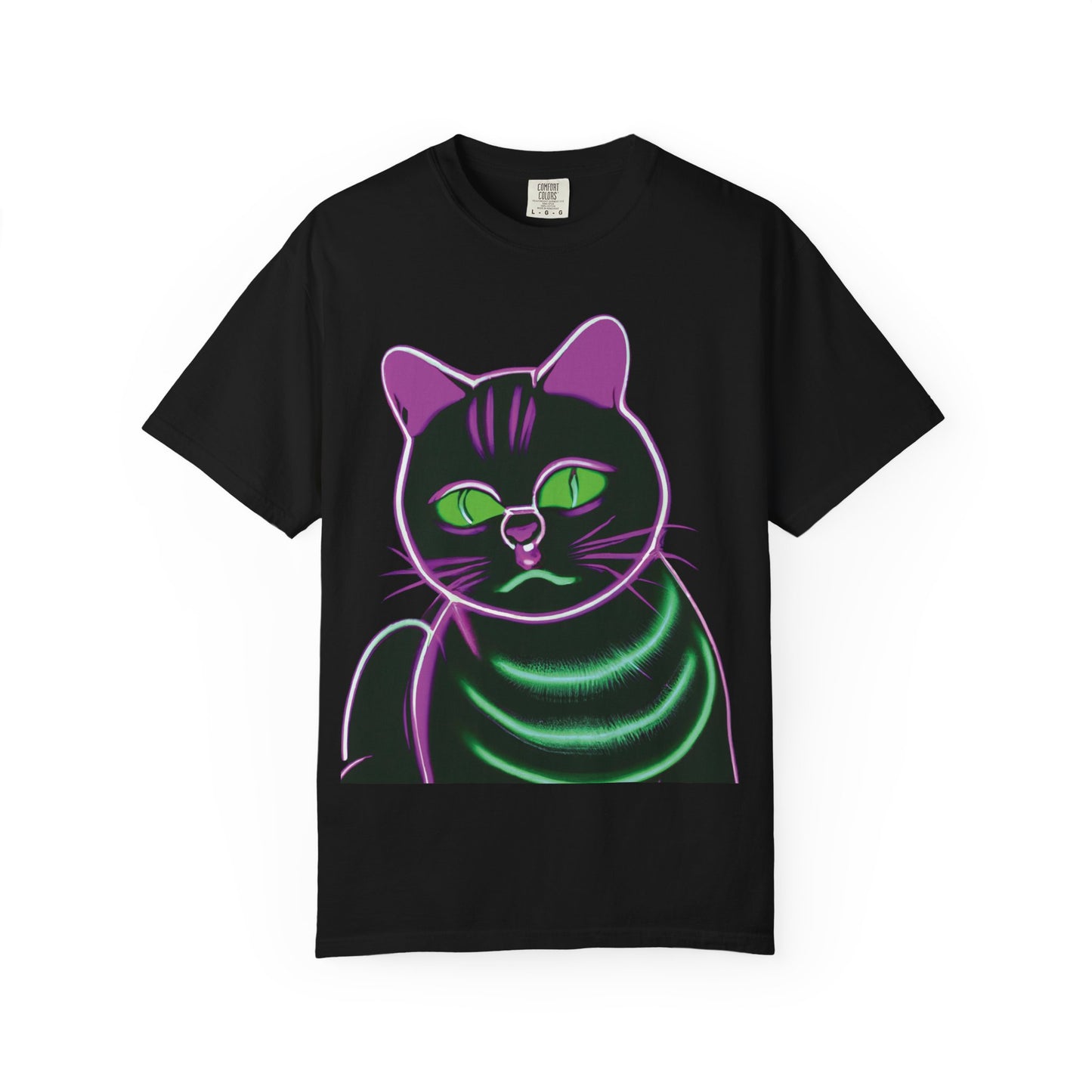 Neon Black Cat Graphic T-Shirt — Glow Green/Purple Cat Tee
