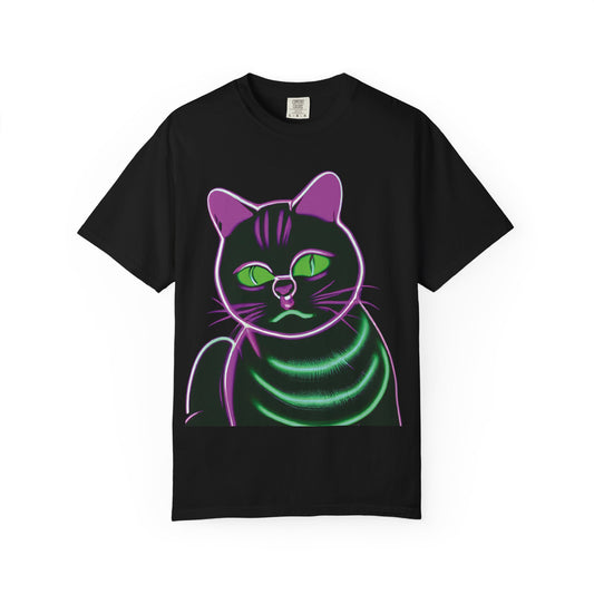 Neon Black Cat Graphic T-Shirt — Glow Green/Purple Cat Tee
