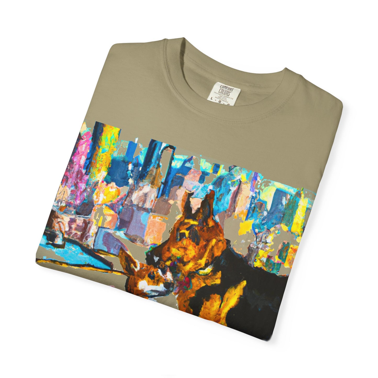 Dog Art T-Shirt — Colorful Urban Canine Print (Back Logo "PLUKOUT.com")