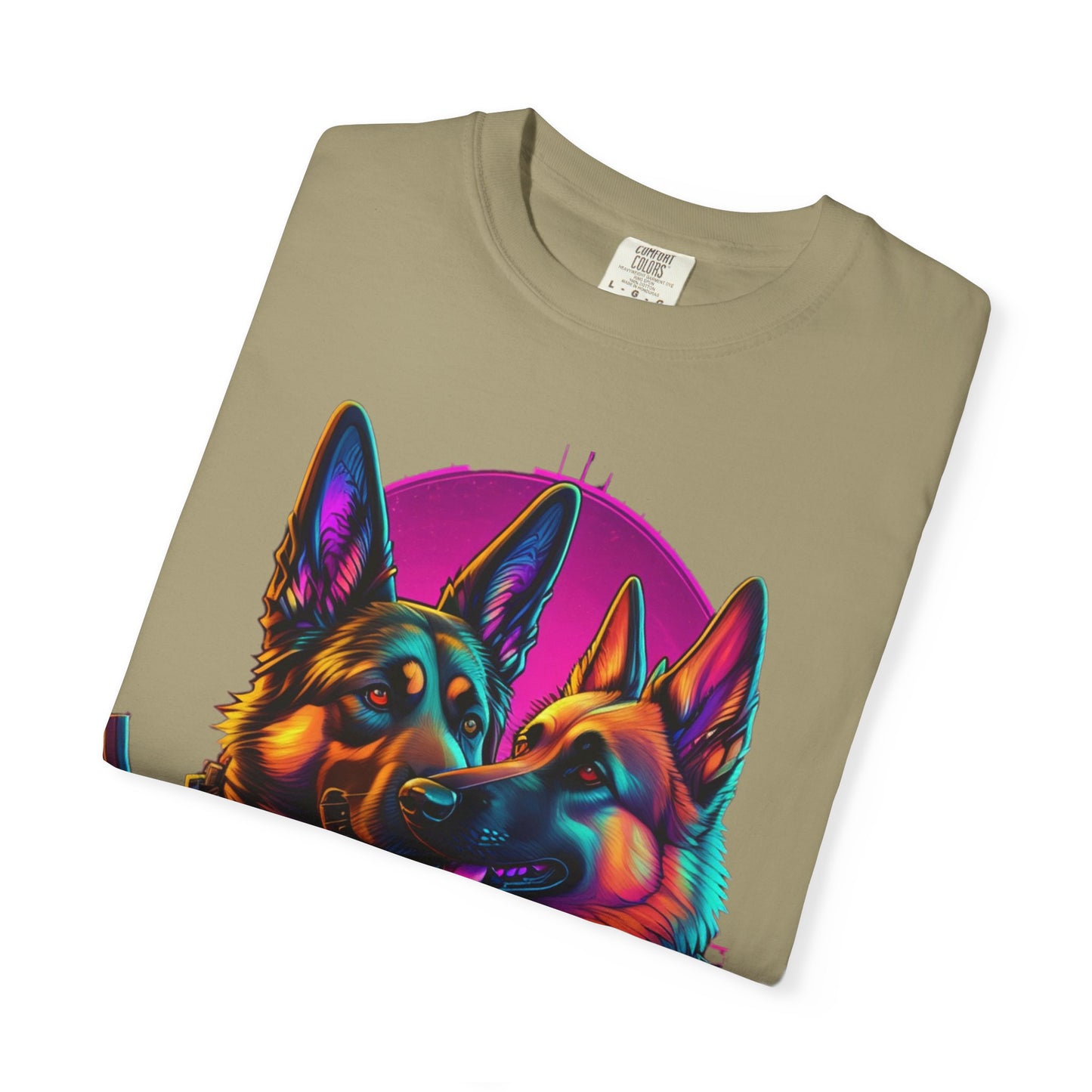 German Shepherd Duo T‑Shirt — Neon Retro K9 Art