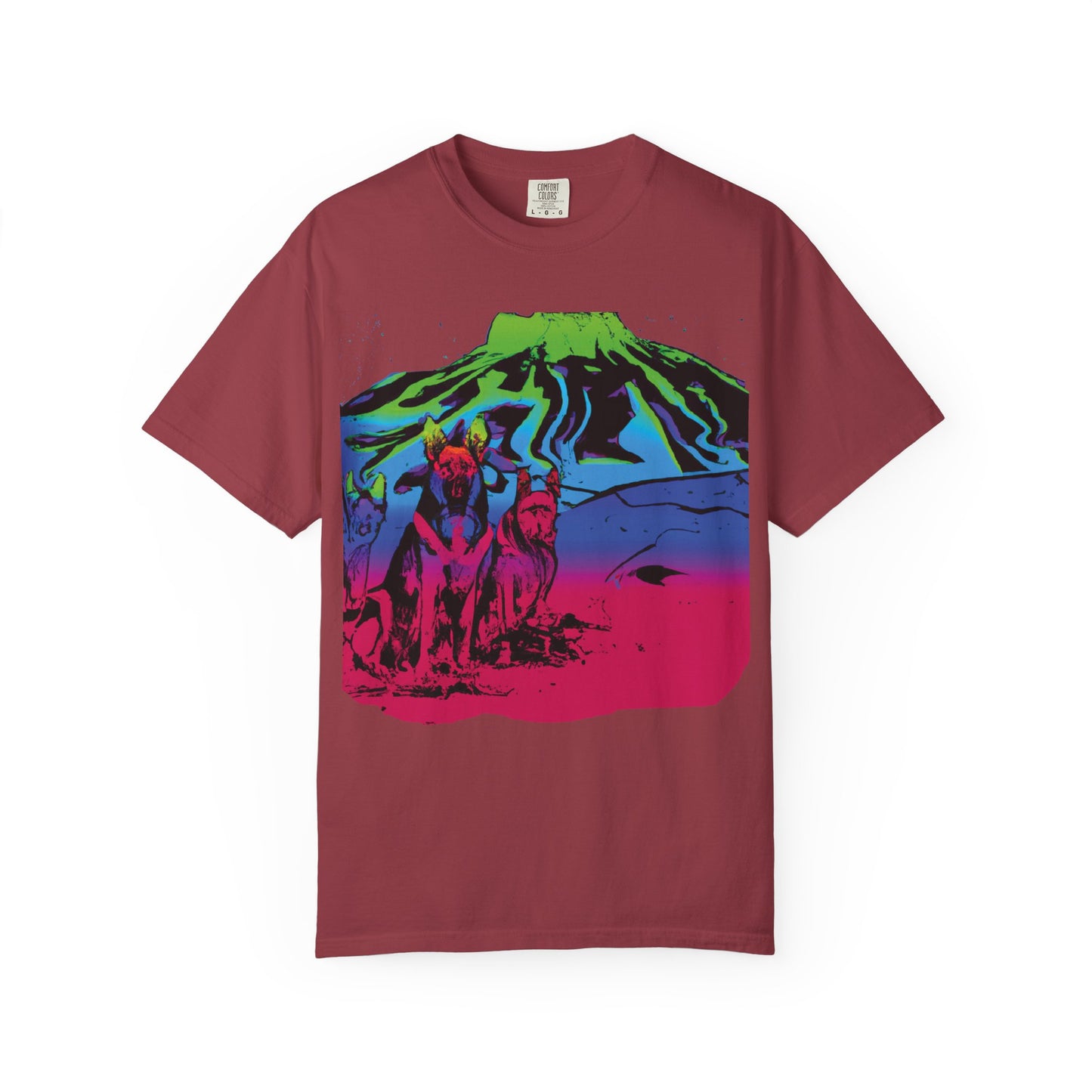 Psychedelic Volcano Dogs T-Shirt — Neon Mountain Graphic Tee