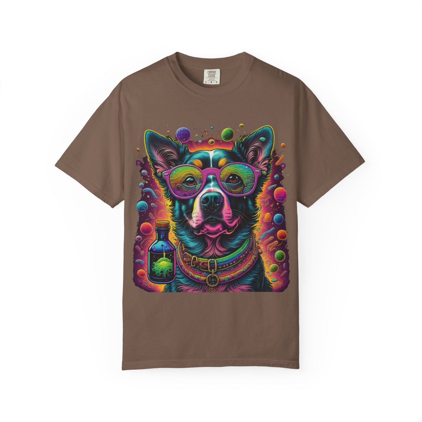 Psychedelic Dog Graphic T-Shirt — Vibrant Neon Pup Art Tee
