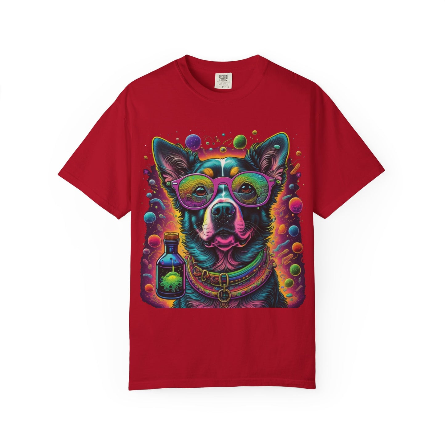 Psychedelic Dog Graphic T-Shirt — Vibrant Neon Pup Art Tee