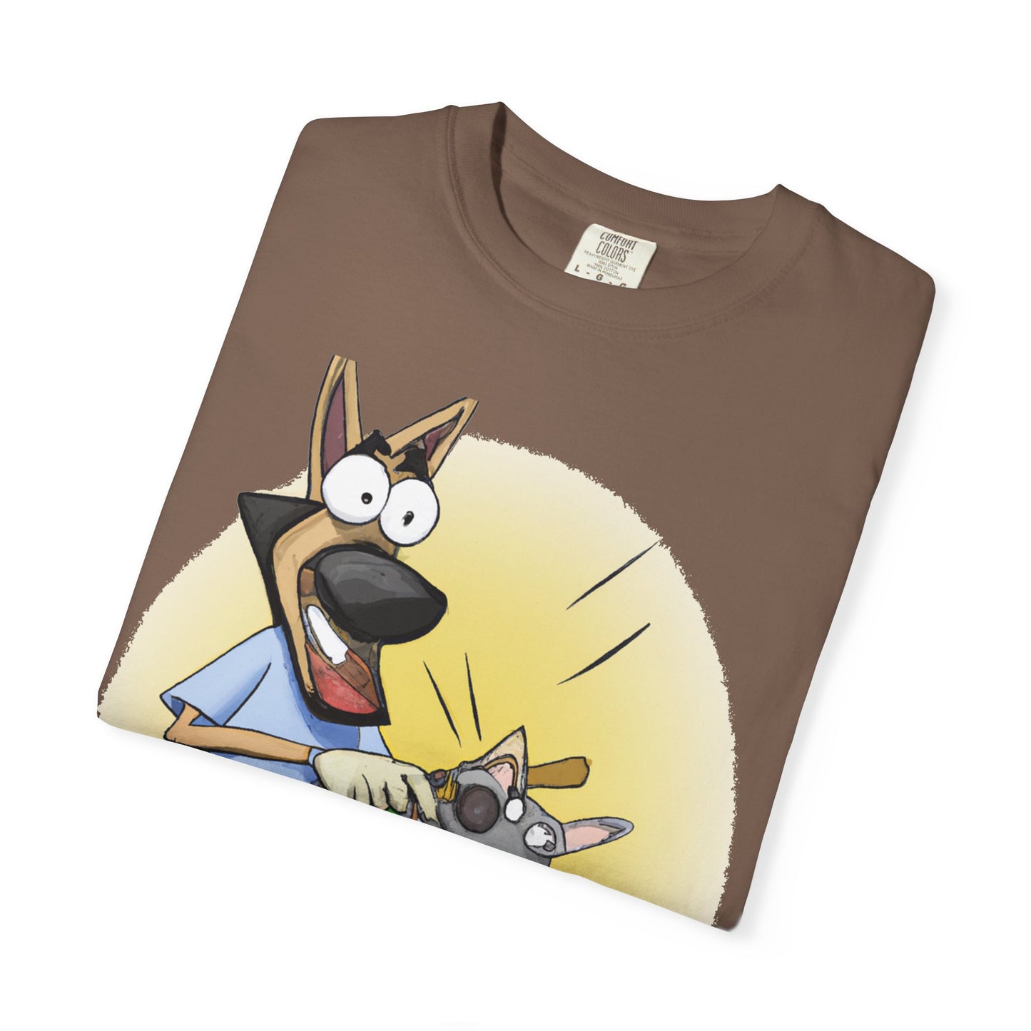Funny Vet Dog T-Shirt — Cartoon Dog Grooming with 'PLuROUT.com' Back Print