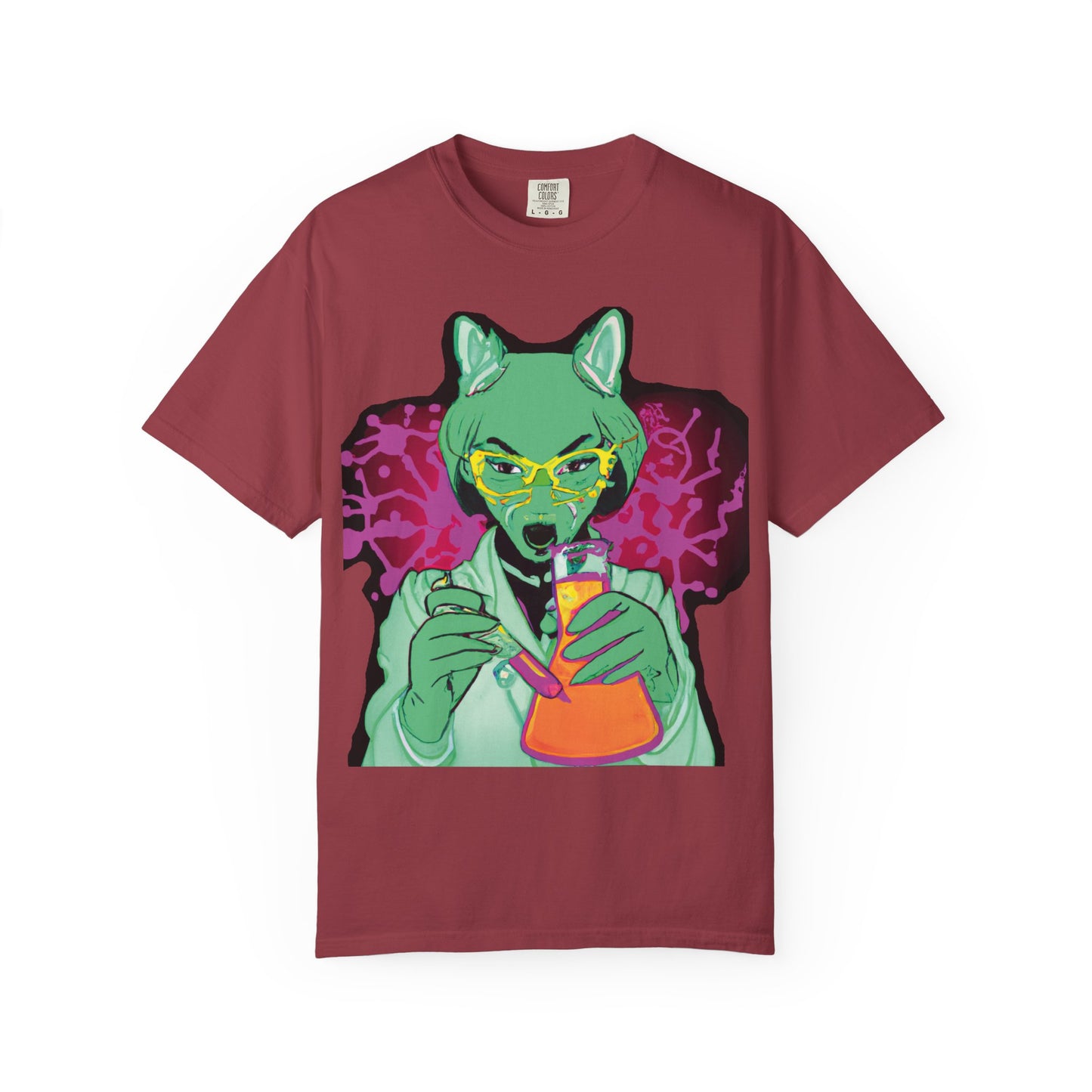 Psychedelic Fox Chemist T-Shirt — Green Fox with Beaker Graphic