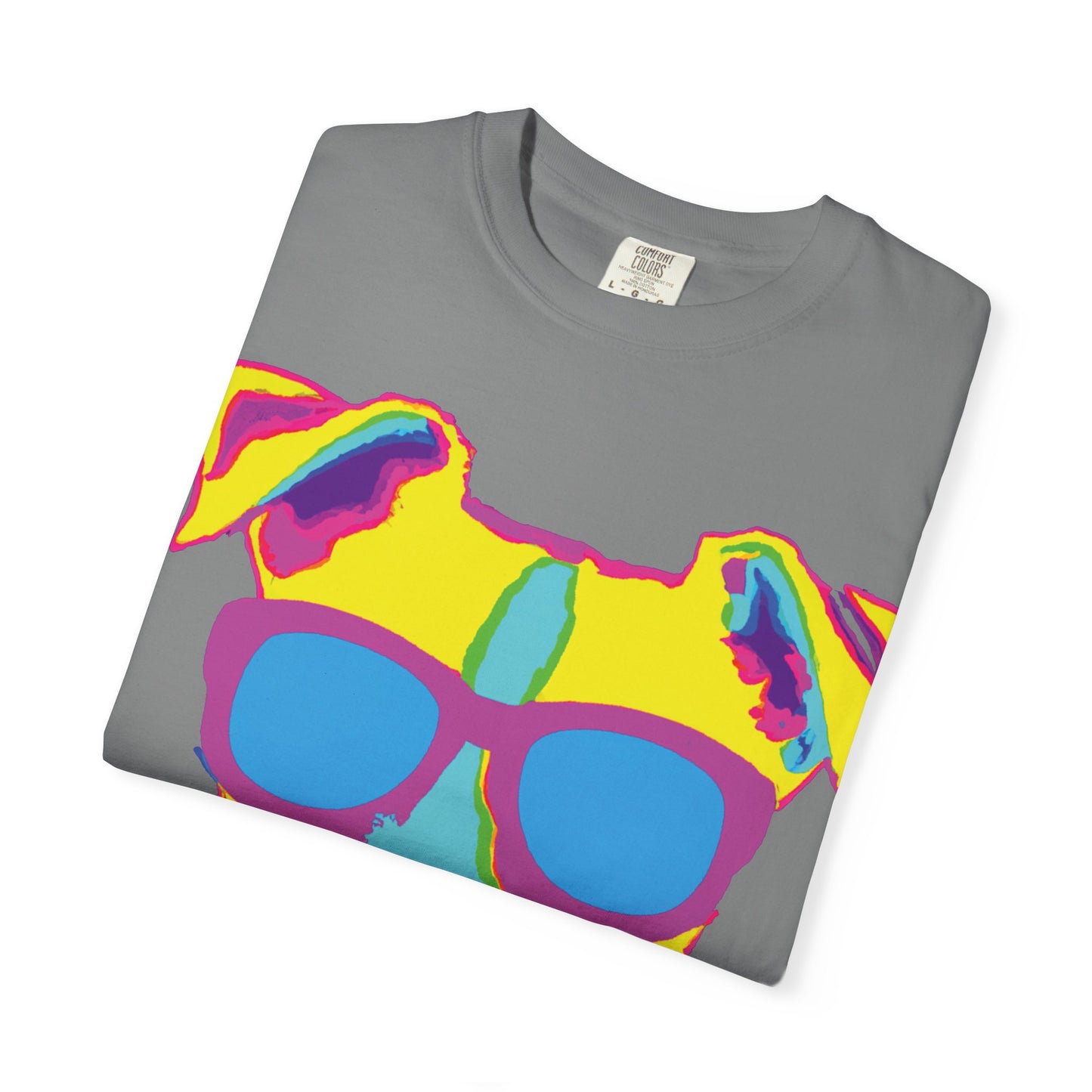 Dog Sunglasses Tee — Colorful Pop Art Dog T-Shirt (PLURout.com Back)