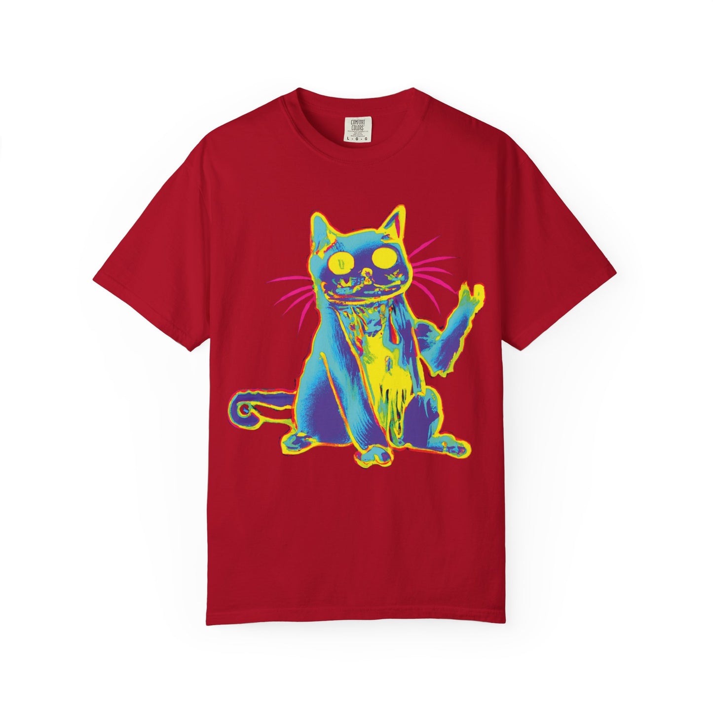 Psychedelic Cat Graphic T-Shirt — Retro Neon Cat Front + 'PLURR0UT.com' Back
