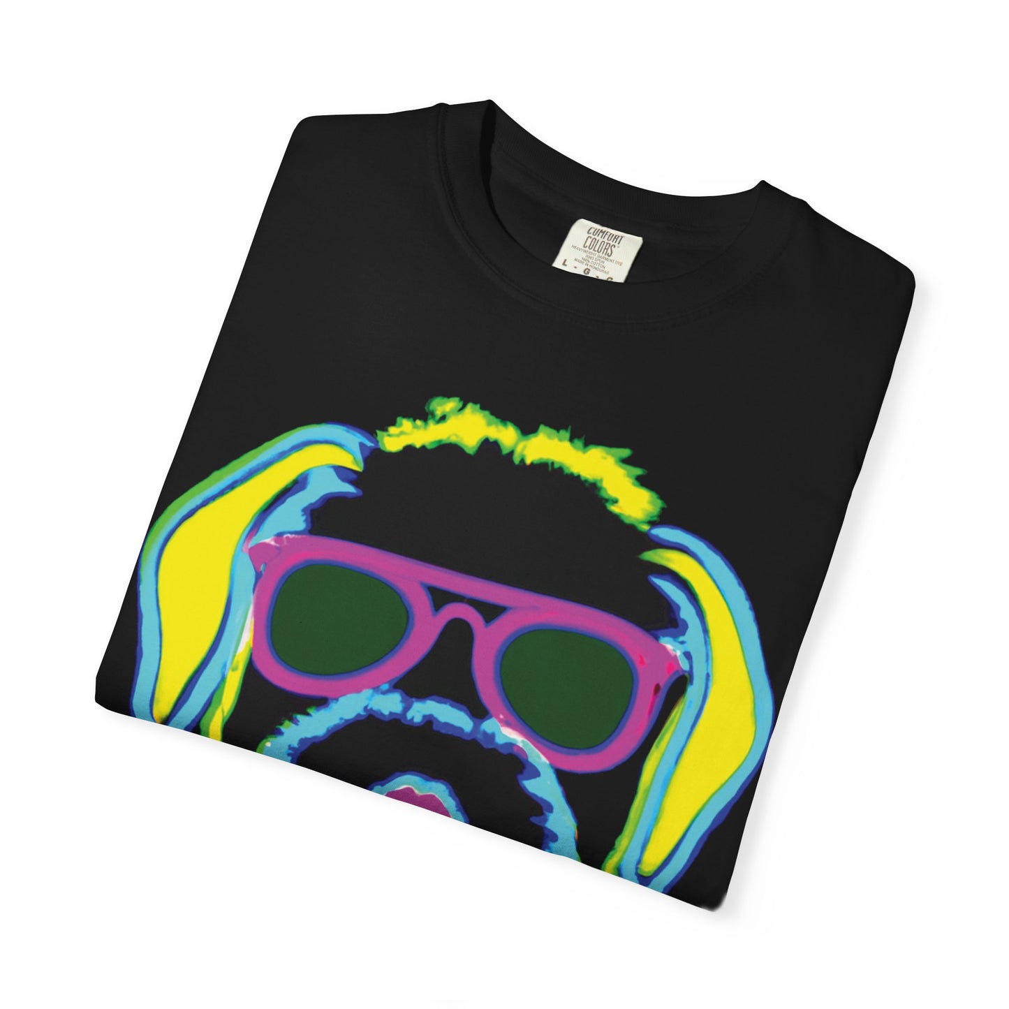 Neon Cool Dog Graphic T-Shirt — Sunglasses Pup Tee with PlurOut Backprint