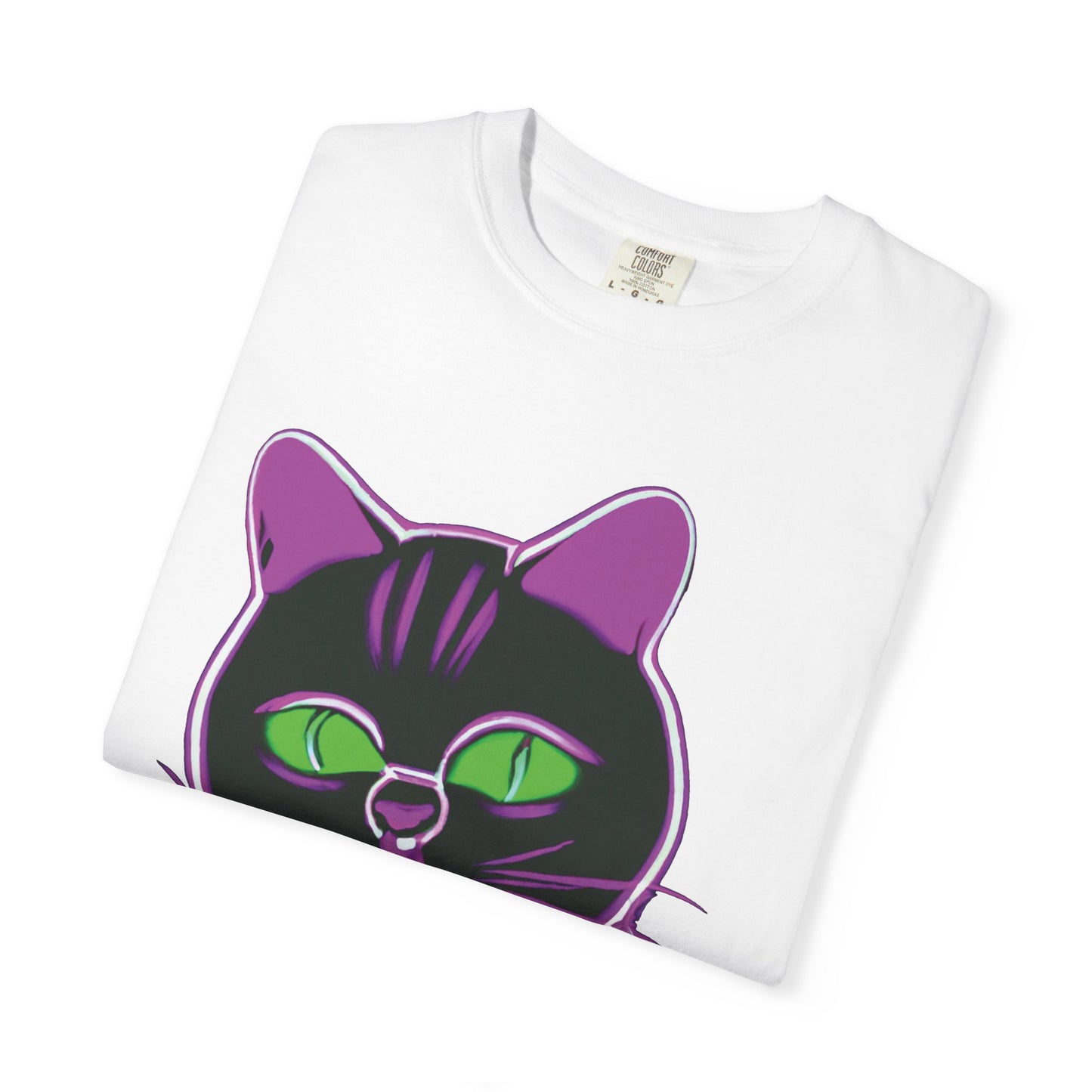 Neon Black Cat Graphic T-Shirt — Glow Green/Purple Cat Tee