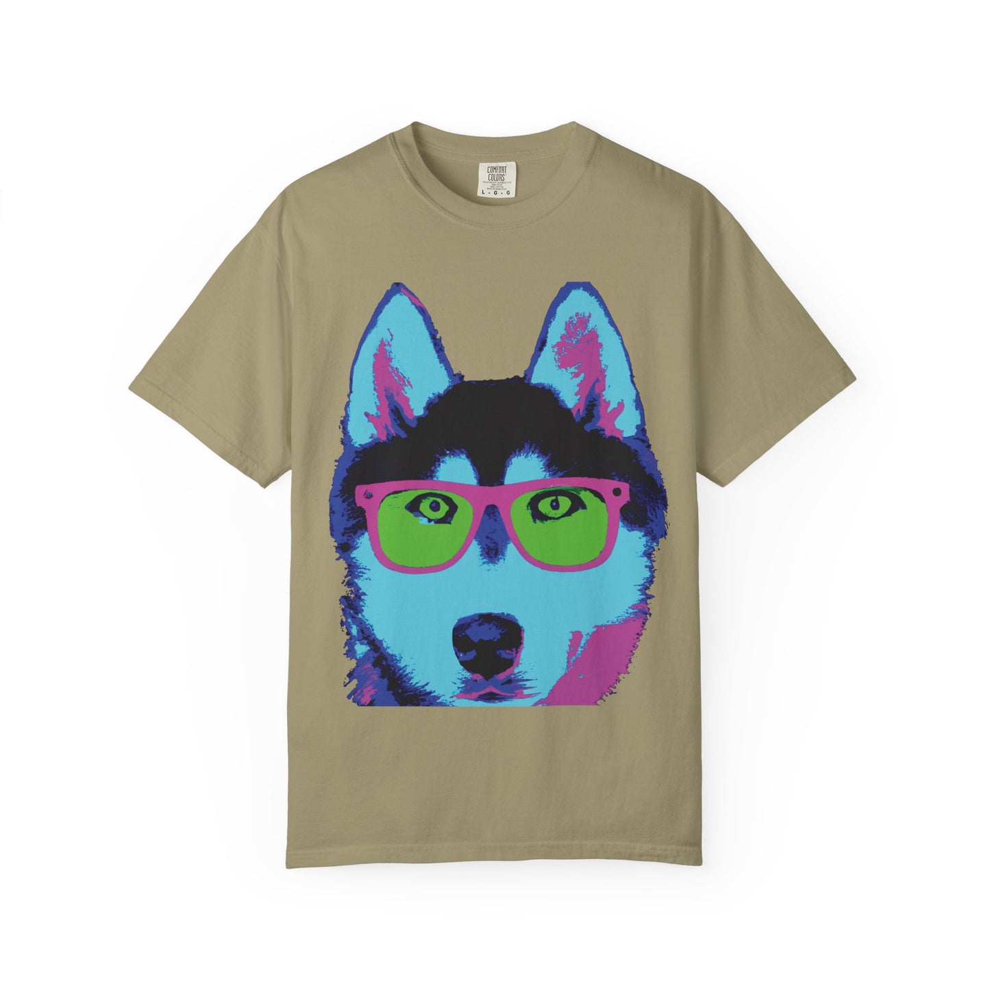 Pop Art Husky T-Shirt — Colorful Dog Face with Sunglasses, Back 'PLURout.com' Graphic
