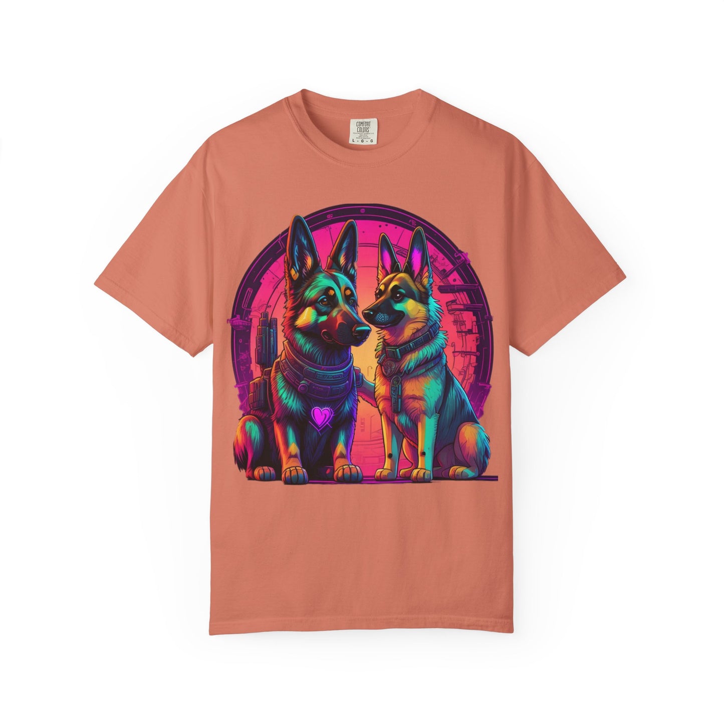 German Shepherd T-Shirt — Neon Retro Dog Duo Graphic Tee