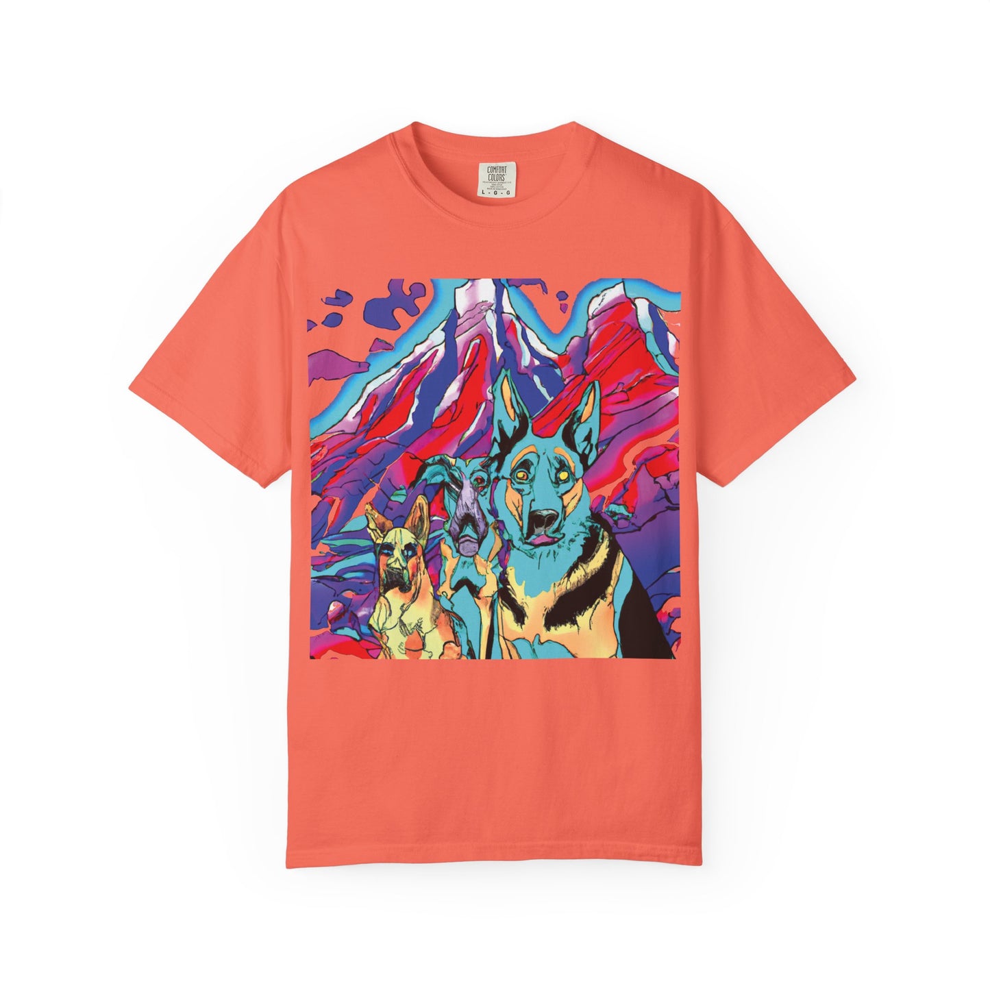 Psychedelic Mountain German Shepherd T-Shirt — Colorful Graphic Tee with Bold Back Script
