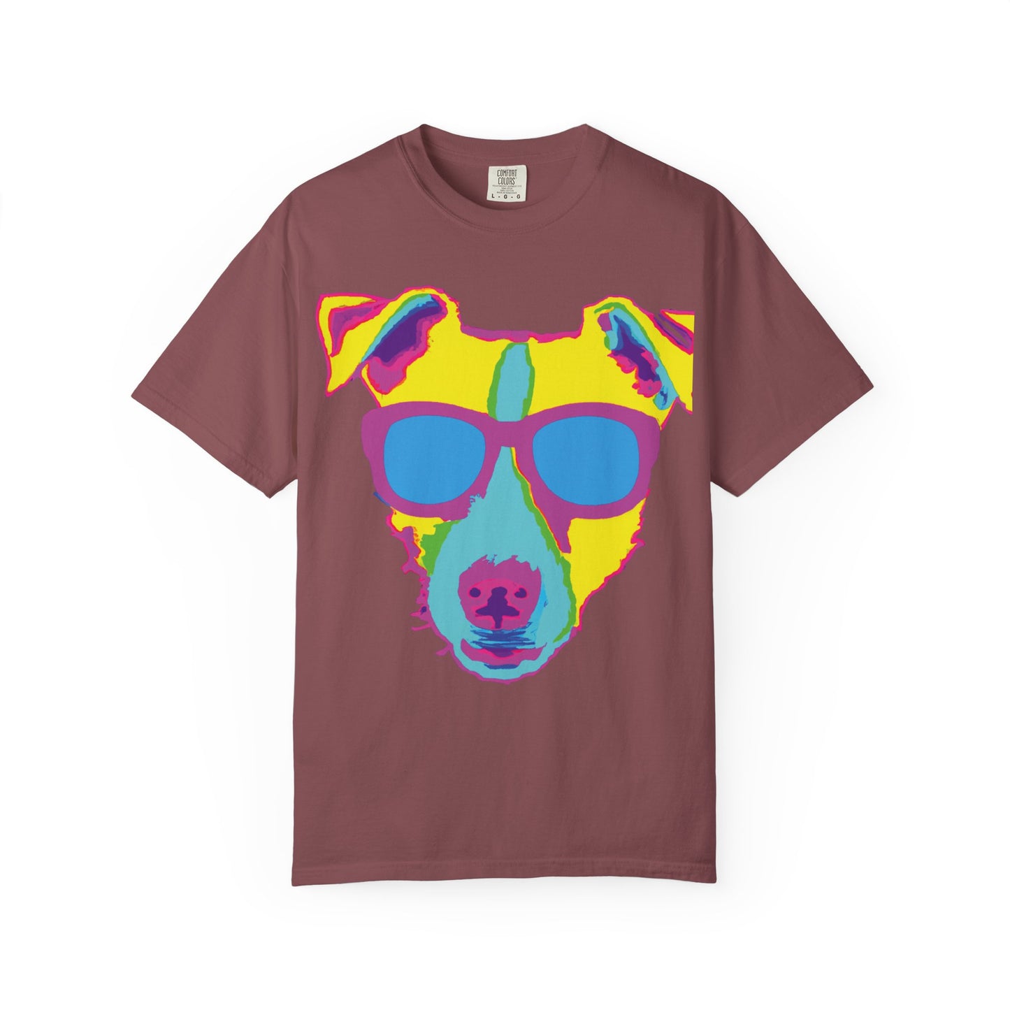 Dog Sunglasses Tee — Colorful Pop Art Dog T-Shirt (PLURout.com Back)