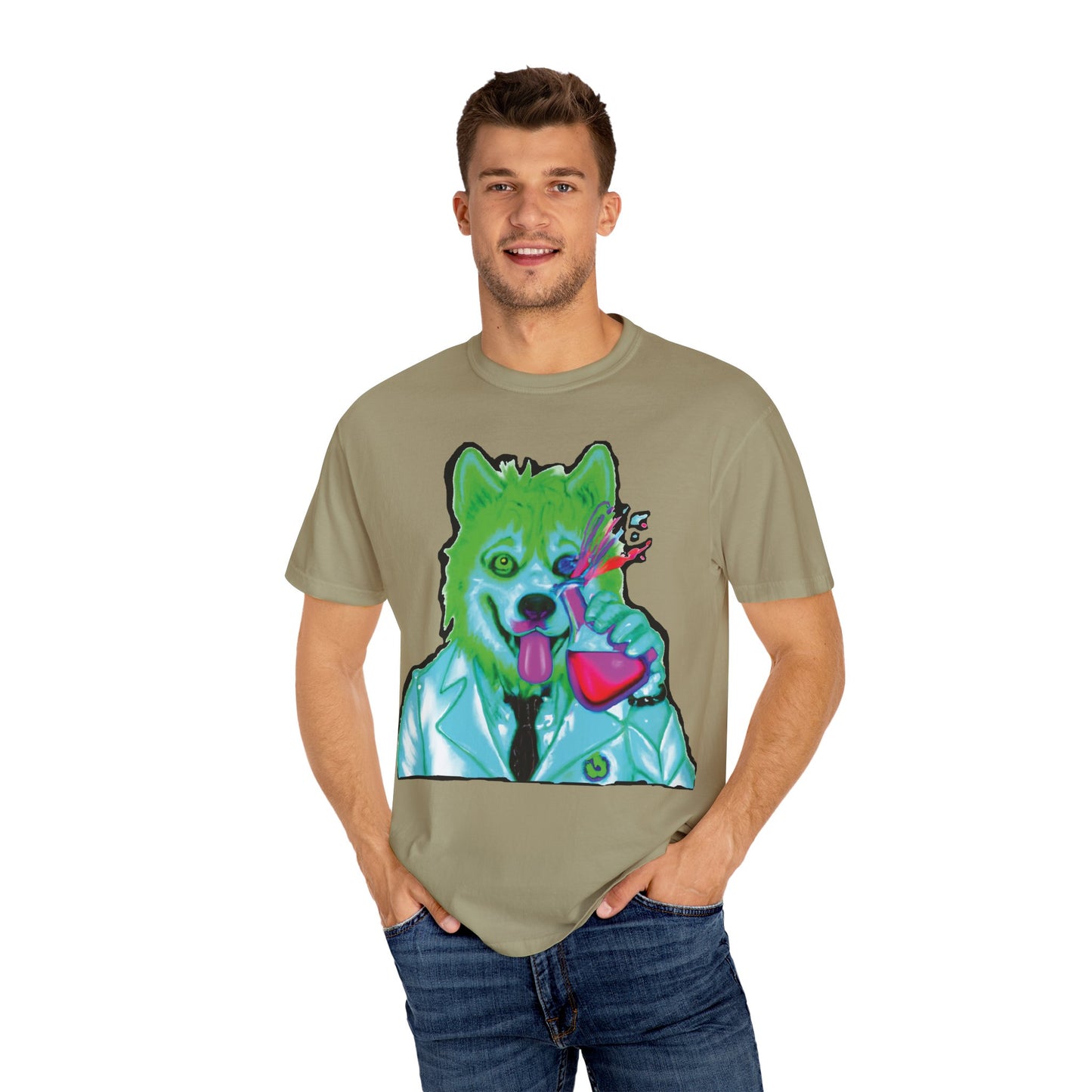 Chemist Wolf Graphic T-Shirt — Green Cartoon Animal Lab Art