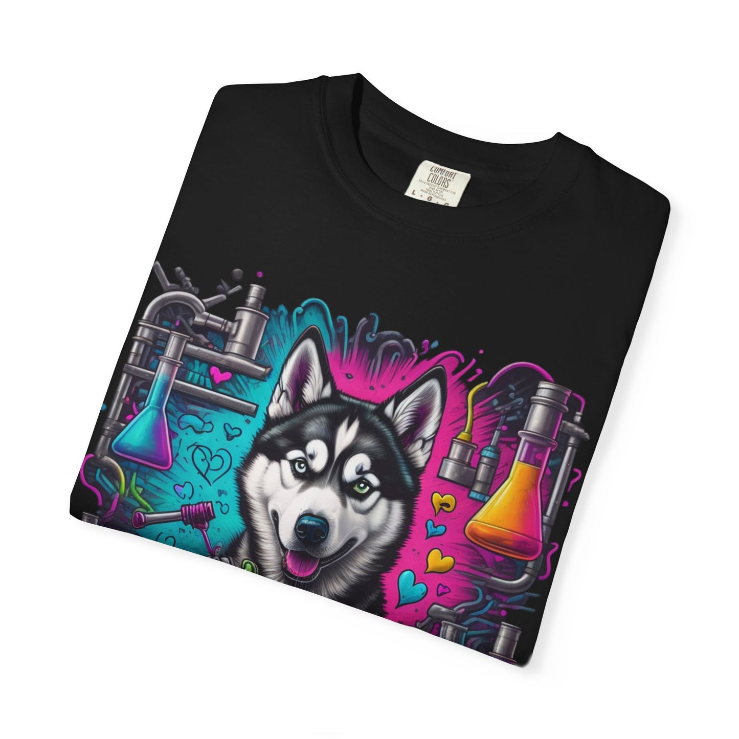 Husky Lab Graphic T-Shirt — Neon Science Dog Tee