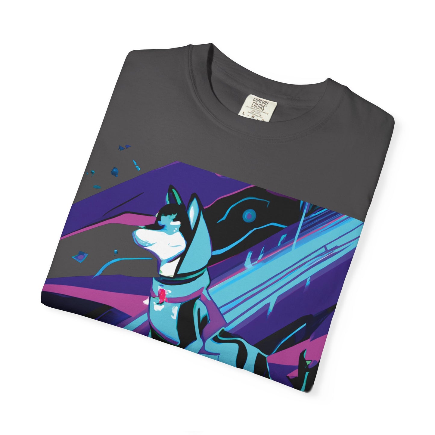 Arctic Husky Graphic T‑Shirt — Neon Cyber Wolf Design