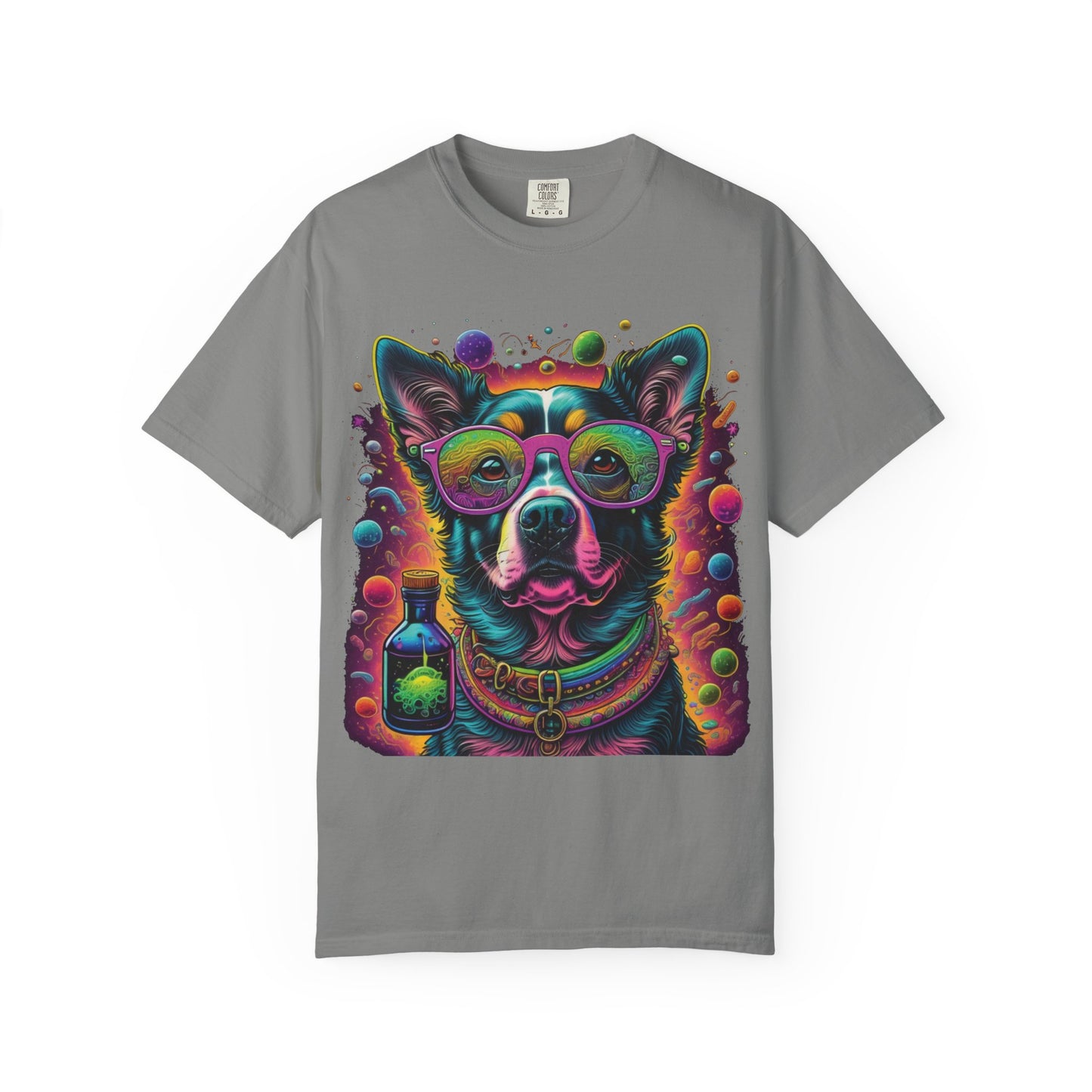 Psychedelic Dog Graphic T-Shirt — Vibrant Neon Pup Art Tee
