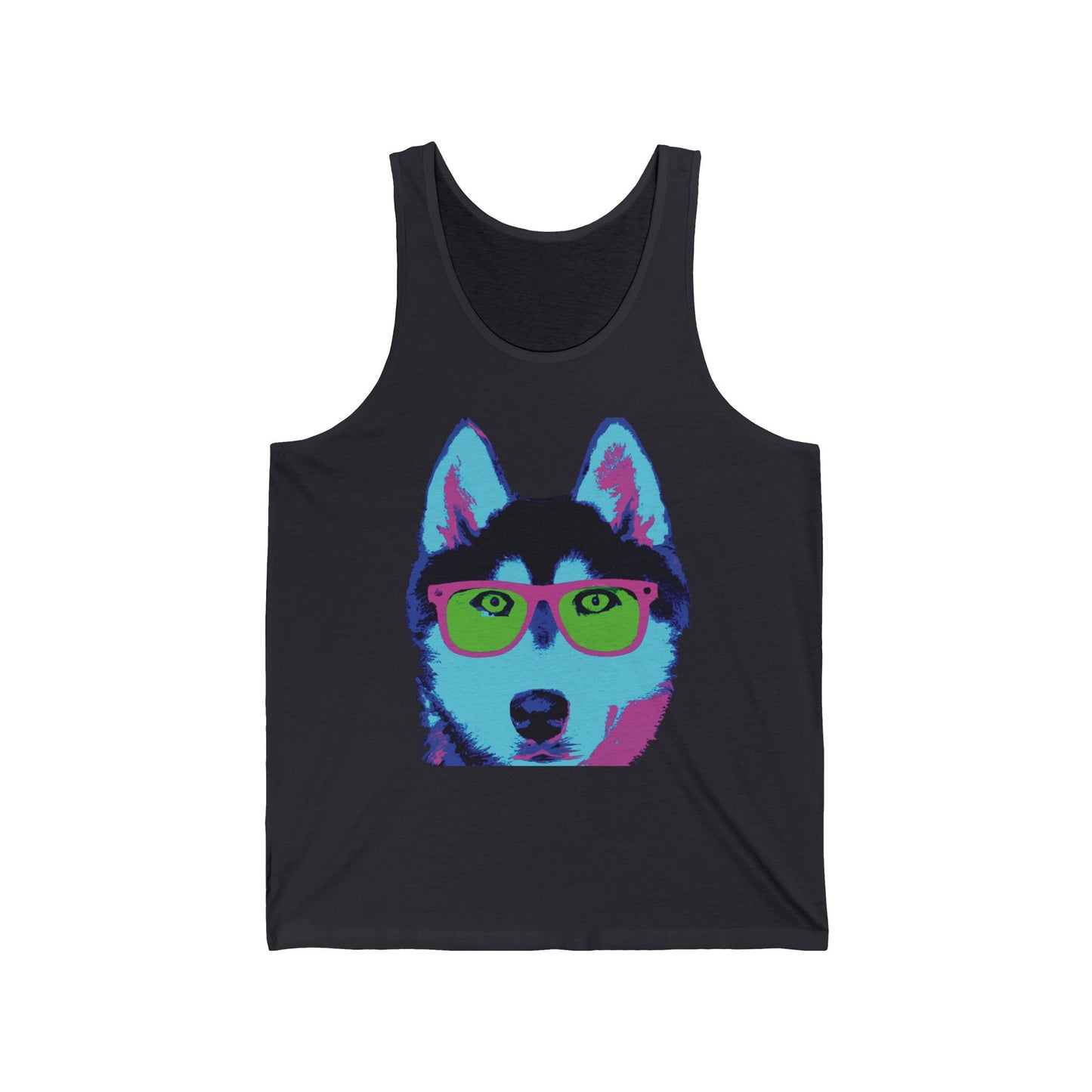 Pop Art Husky Tank Top — Colorful Dog Face Tank with 'Plurout.com' Accent