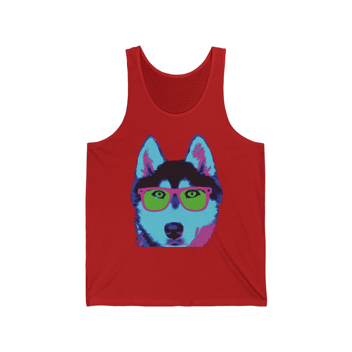 Pop Art Husky Tank Top — Colorful Dog Face Tank with 'Plurout.com' Accent