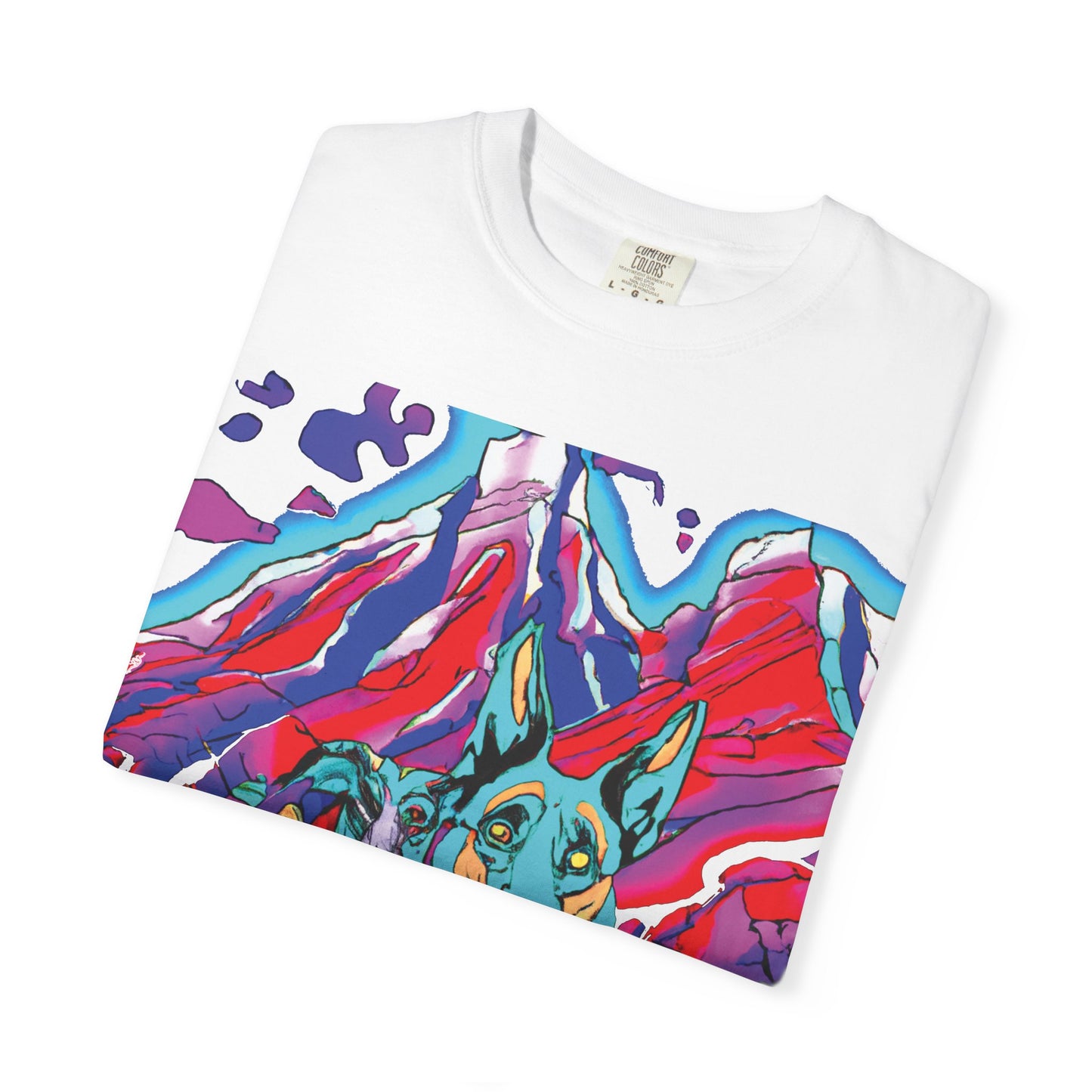 Psychedelic Mountain German Shepherd T-Shirt — Colorful Graphic Tee with Bold Back Script