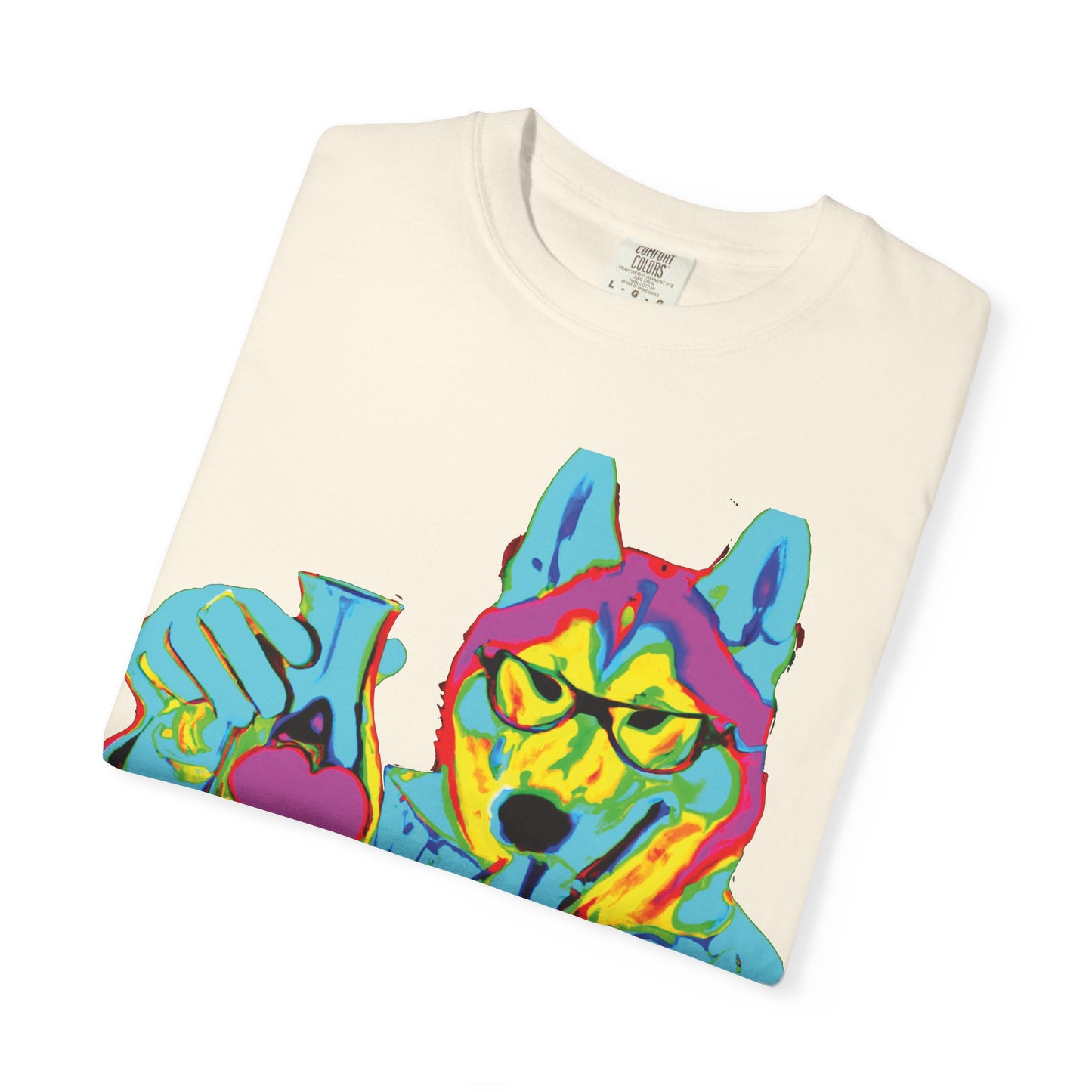 Psychedelic Husky Graphic T-Shirt — Colorful Scientist Dog Design