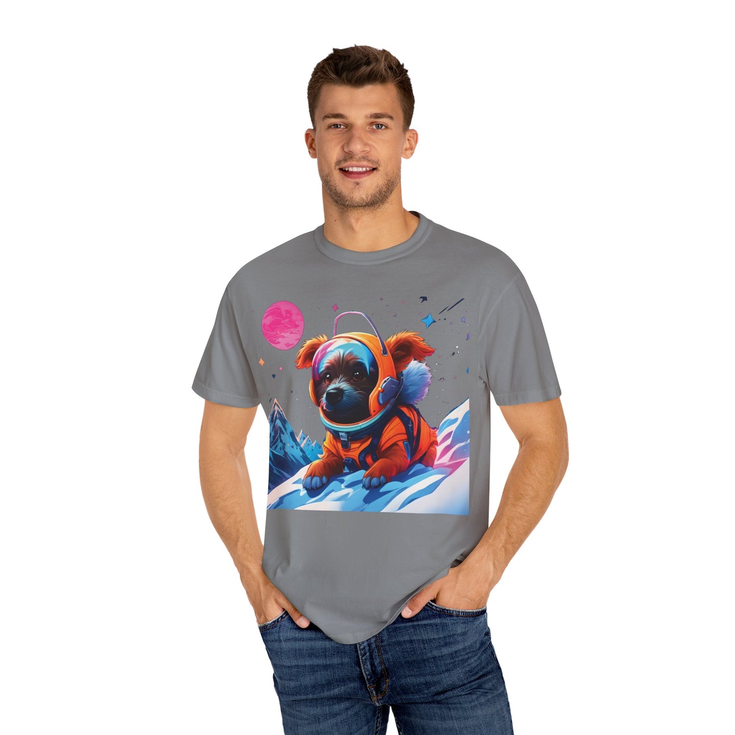 Astronaut Pug T-Shirt — Cute Space Dog Graphic Tee with PLUROUT.com Back Print