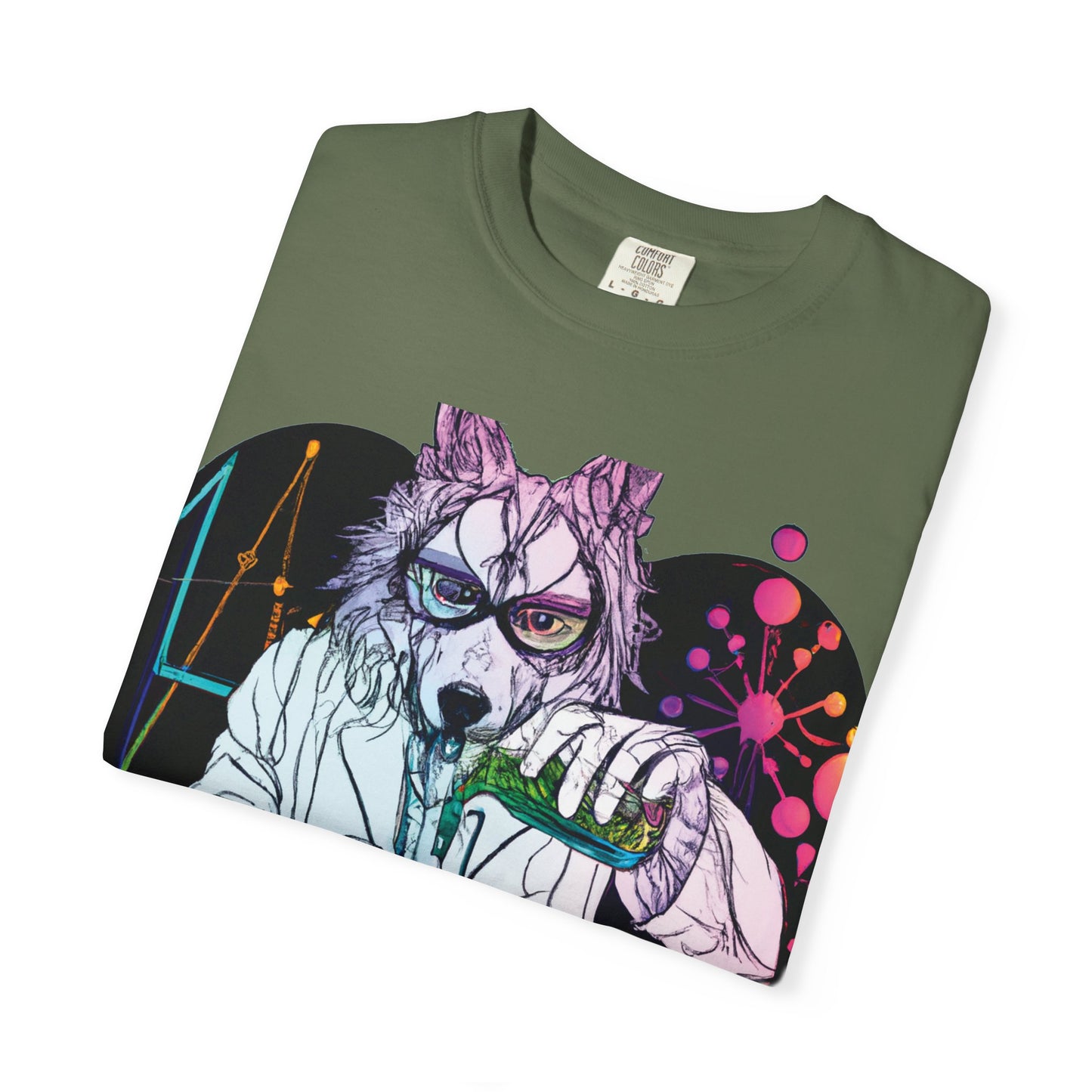 Science Wolf Heart T-Shirt — Colorful Mad Scientist Wolf Graphic Tee