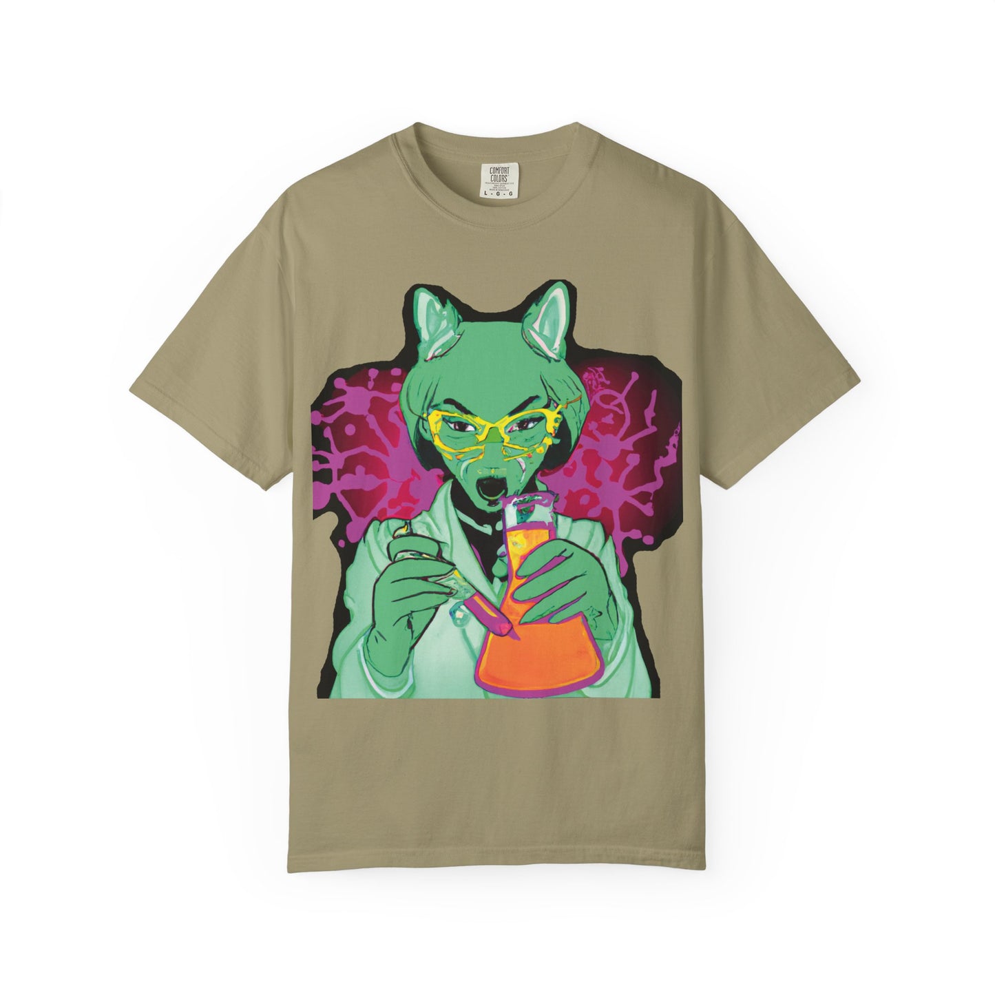 Psychedelic Fox Chemist T-Shirt — Green Fox with Beaker Graphic