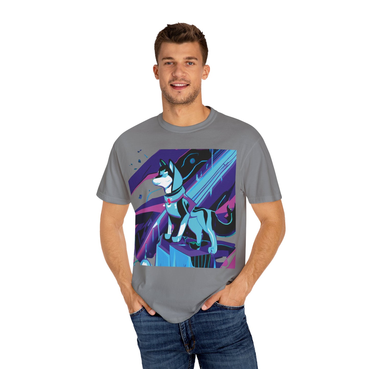 Arctic Husky Graphic T‑Shirt — Neon Cyber Wolf Design