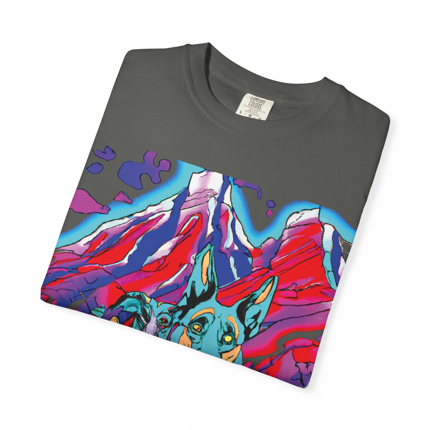 Psychedelic Mountain German Shepherd T-Shirt — Colorful Graphic Tee with Bold Back Script