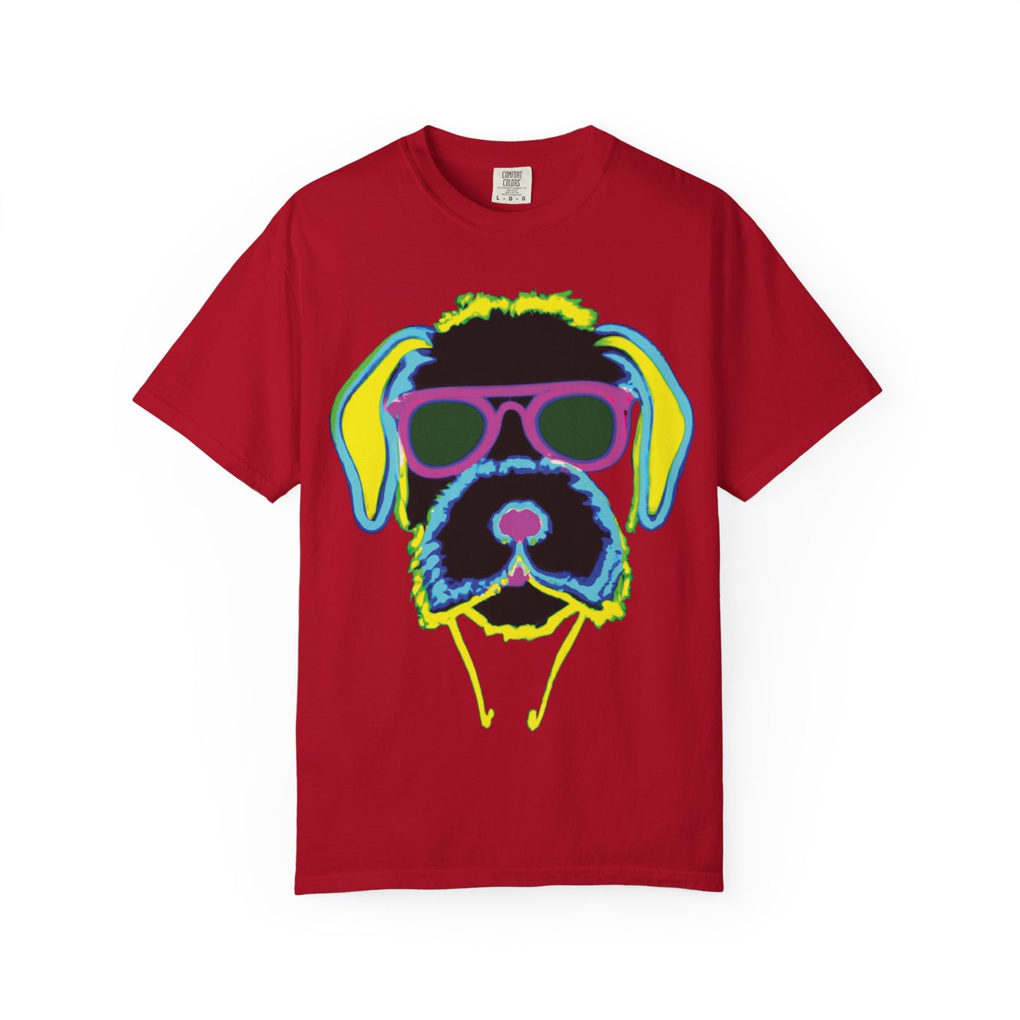 Neon Cool Dog Graphic T-Shirt — Sunglasses Pup Tee with PlurOut Backprint