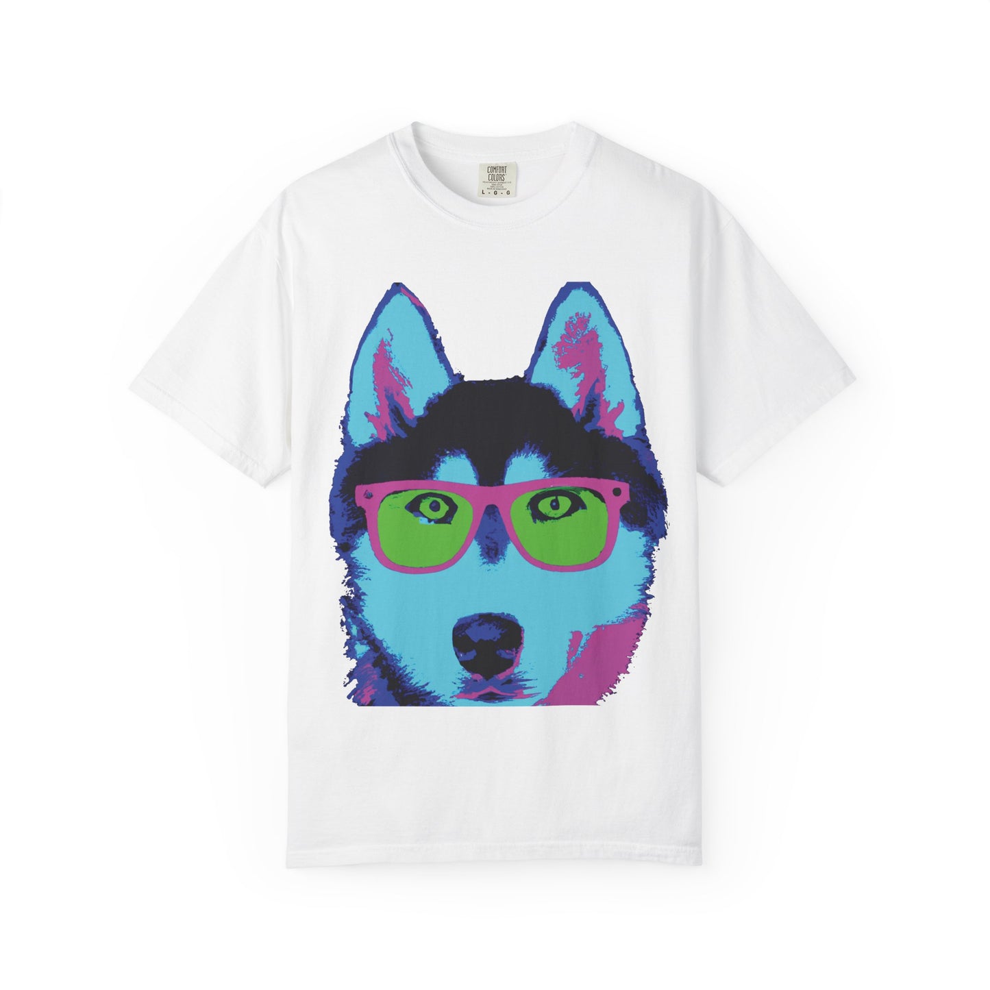 Pop Art Husky T-Shirt — Colorful Dog Face with Sunglasses, Back 'PLURout.com' Graphic