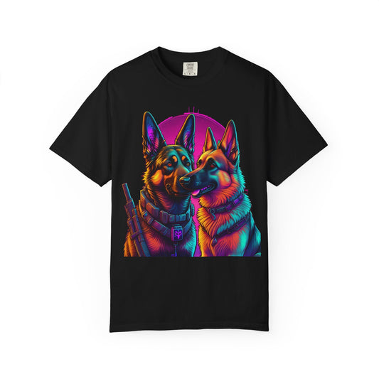 German Shepherd Duo T‑Shirt — Neon Retro K9 Art