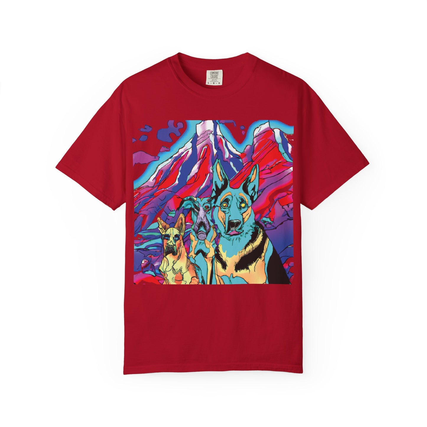 Psychedelic Mountain German Shepherd T-Shirt — Colorful Graphic Tee with Bold Back Script
