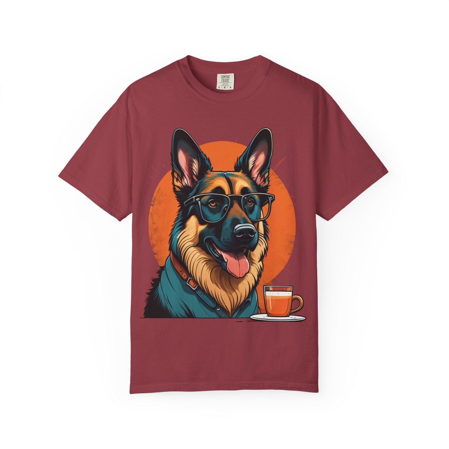 German Shepherd Coffee T-Shirt — Cool Dog Graphic Tee with Sunglasses & Mug