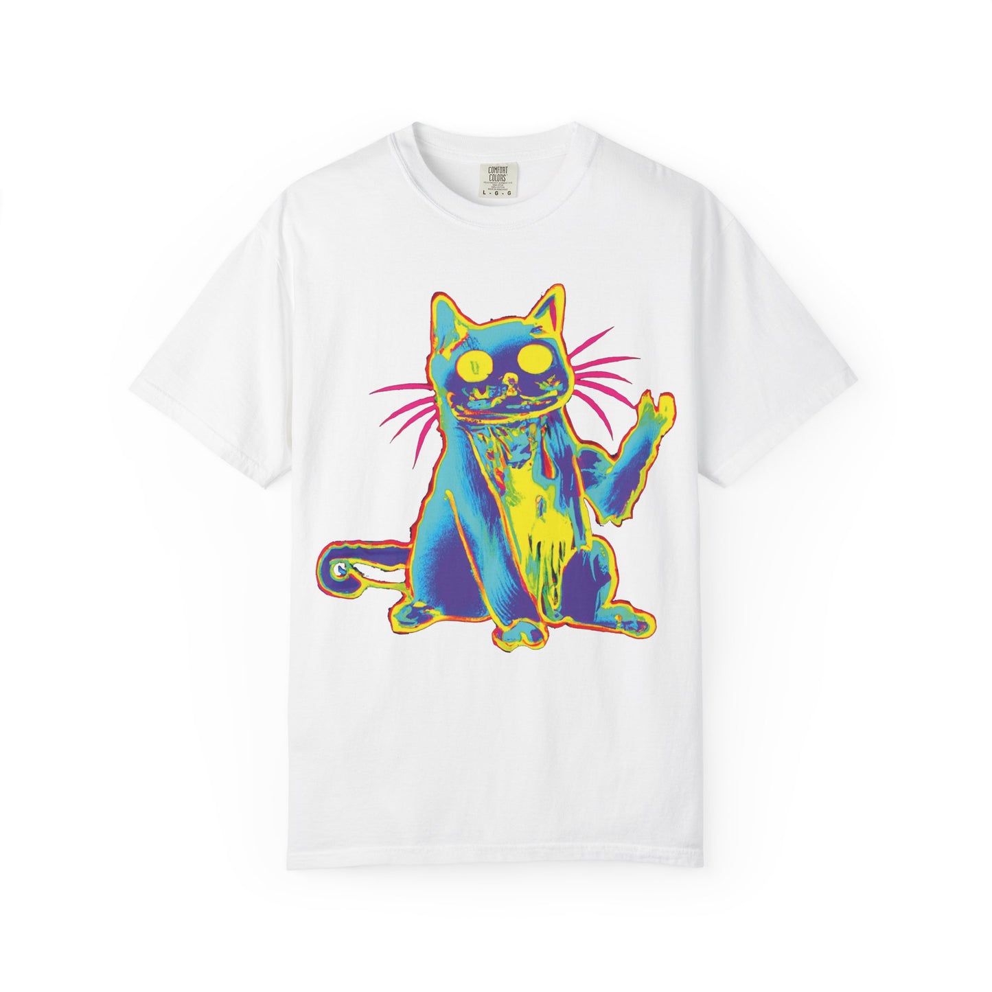 Psychedelic Cat Graphic T-Shirt — Retro Neon Cat Front + 'PLURR0UT.com' Back